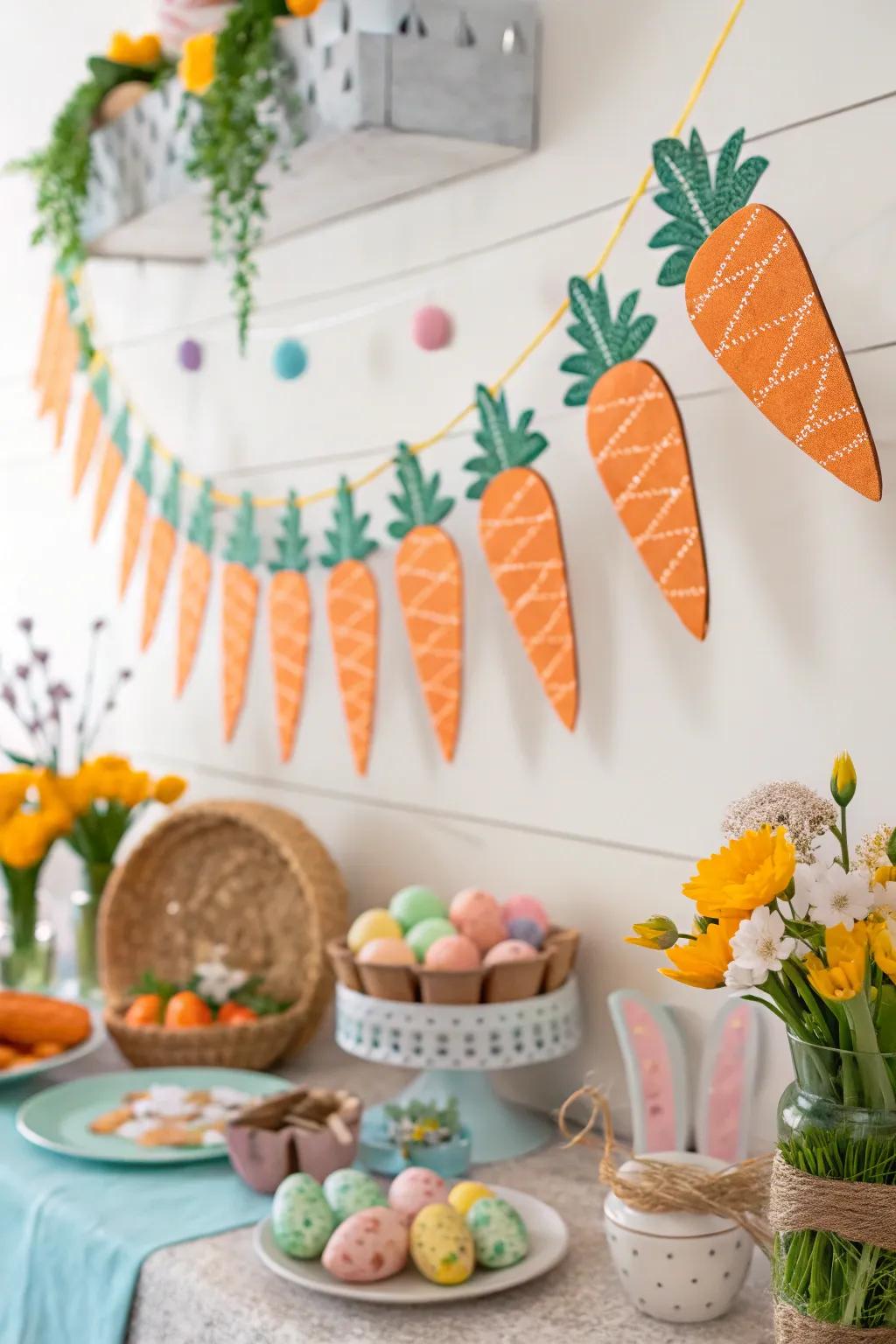A carrot wreath carries a playful aspect to the design scheme.