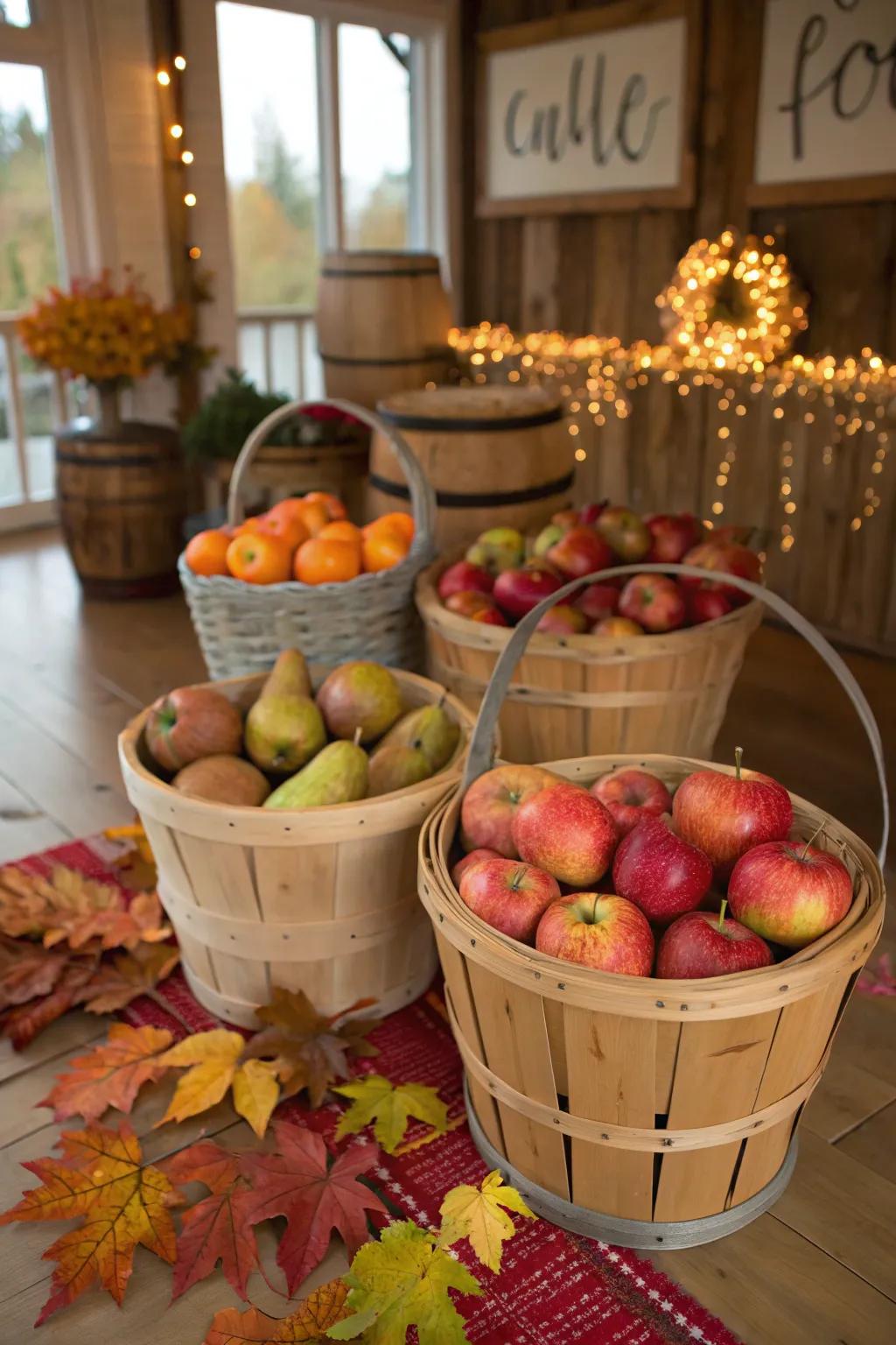 Baskets brimming with apples append a seasonal dimension.