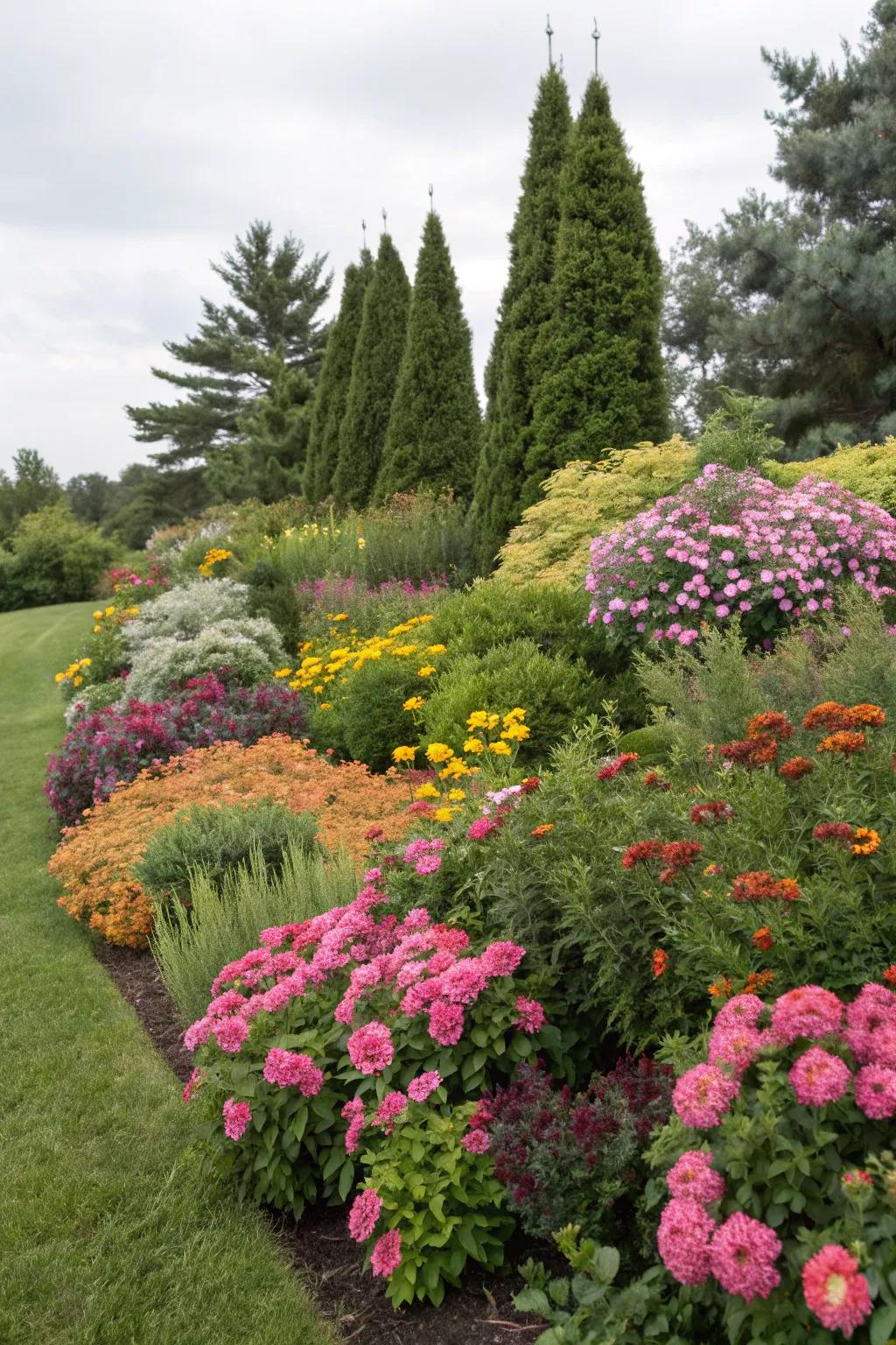 Evergreen plants ensure this flower bed remains lush across all seasons.