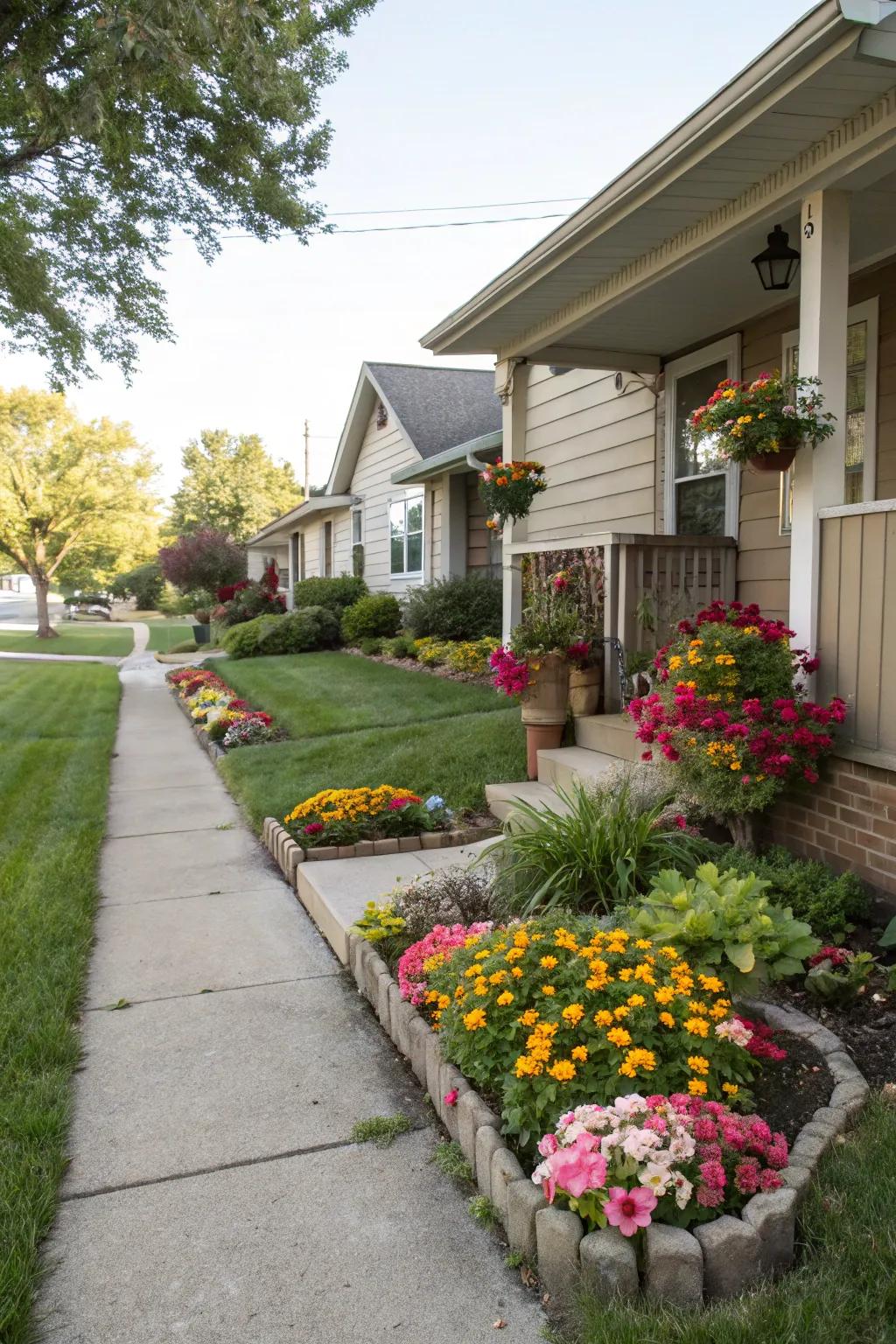 Front yard flower beds boosting the home's entrance.