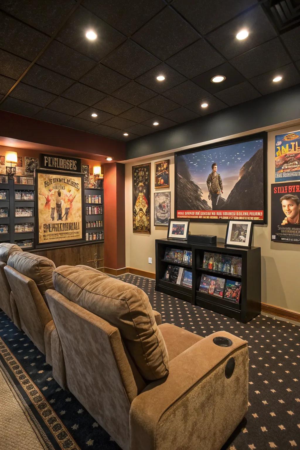 Personalized decorations creating a unique atmosphere in a home theater.