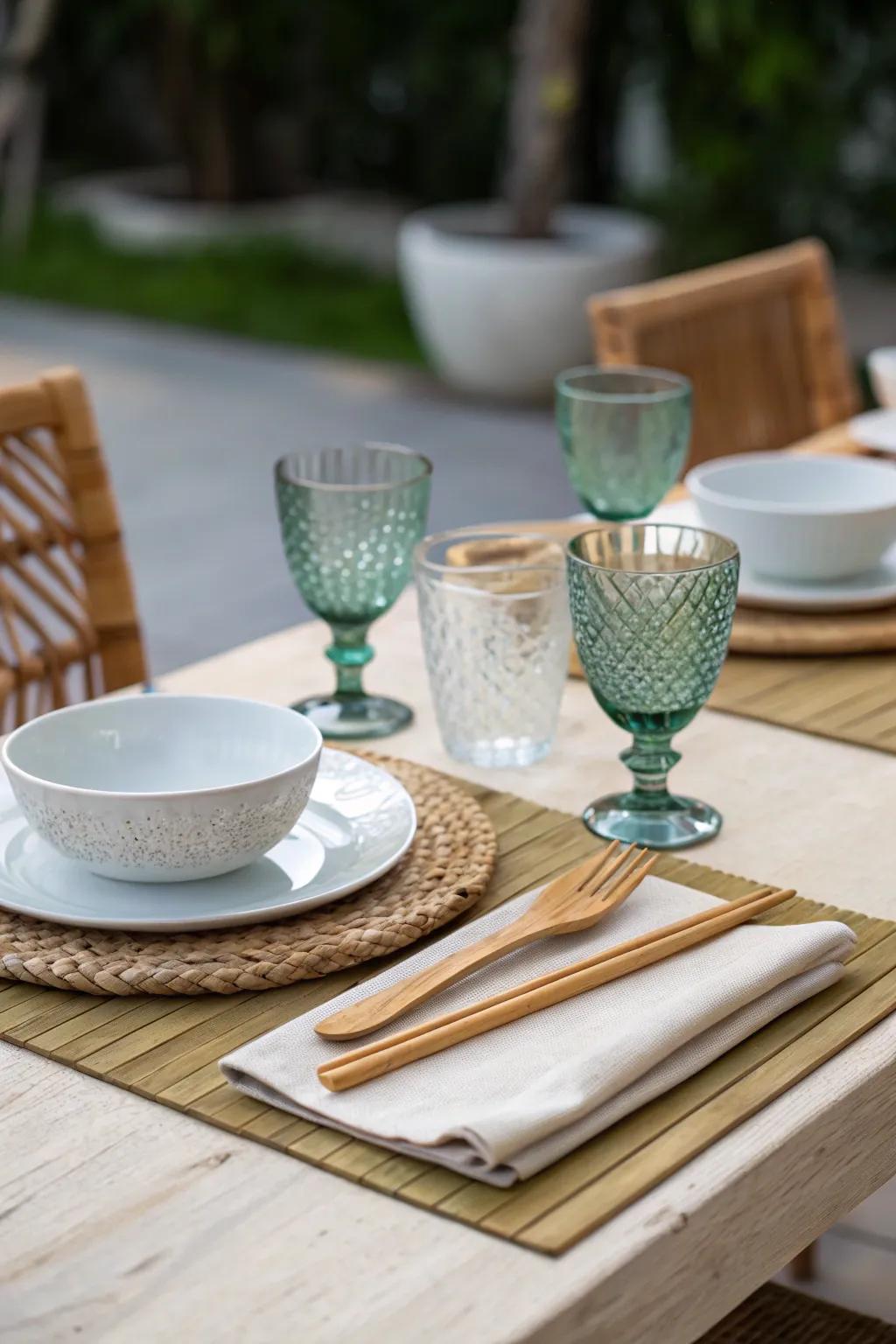 Eco-conscious glassware and utensils promote sustainability on the table.