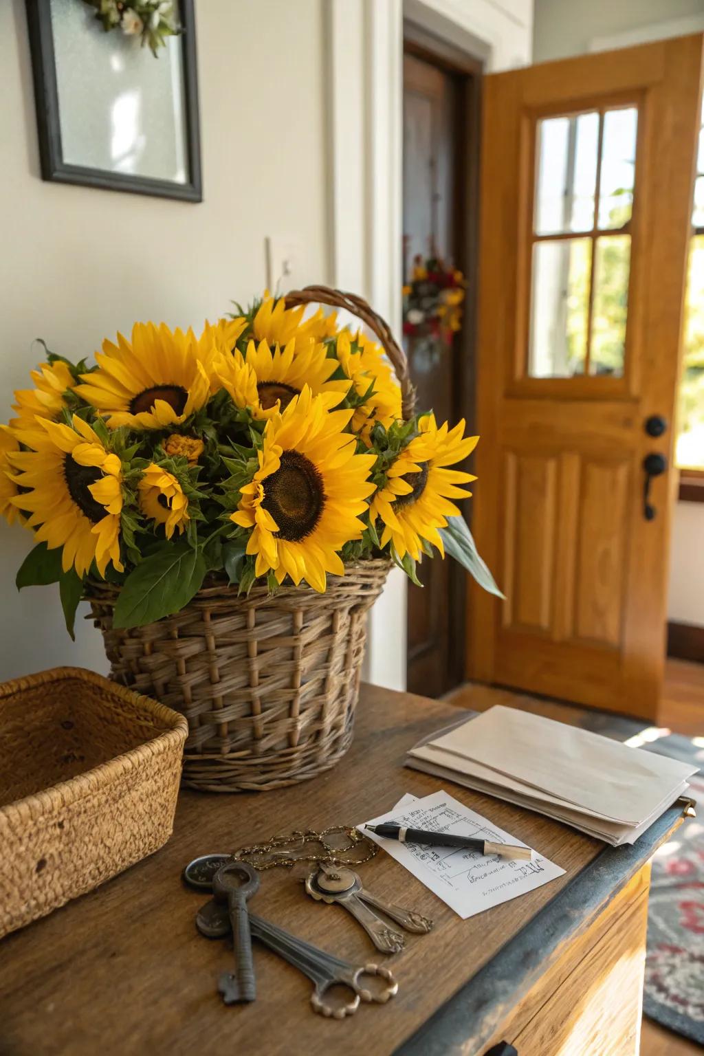A rustic weave bursting with sunflowers is an affectionate welcome for all visitors.