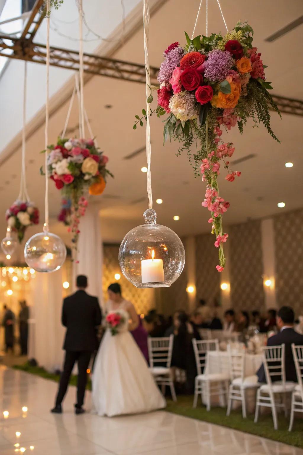 Hanging glass baubles add an airy, whimsical touch.