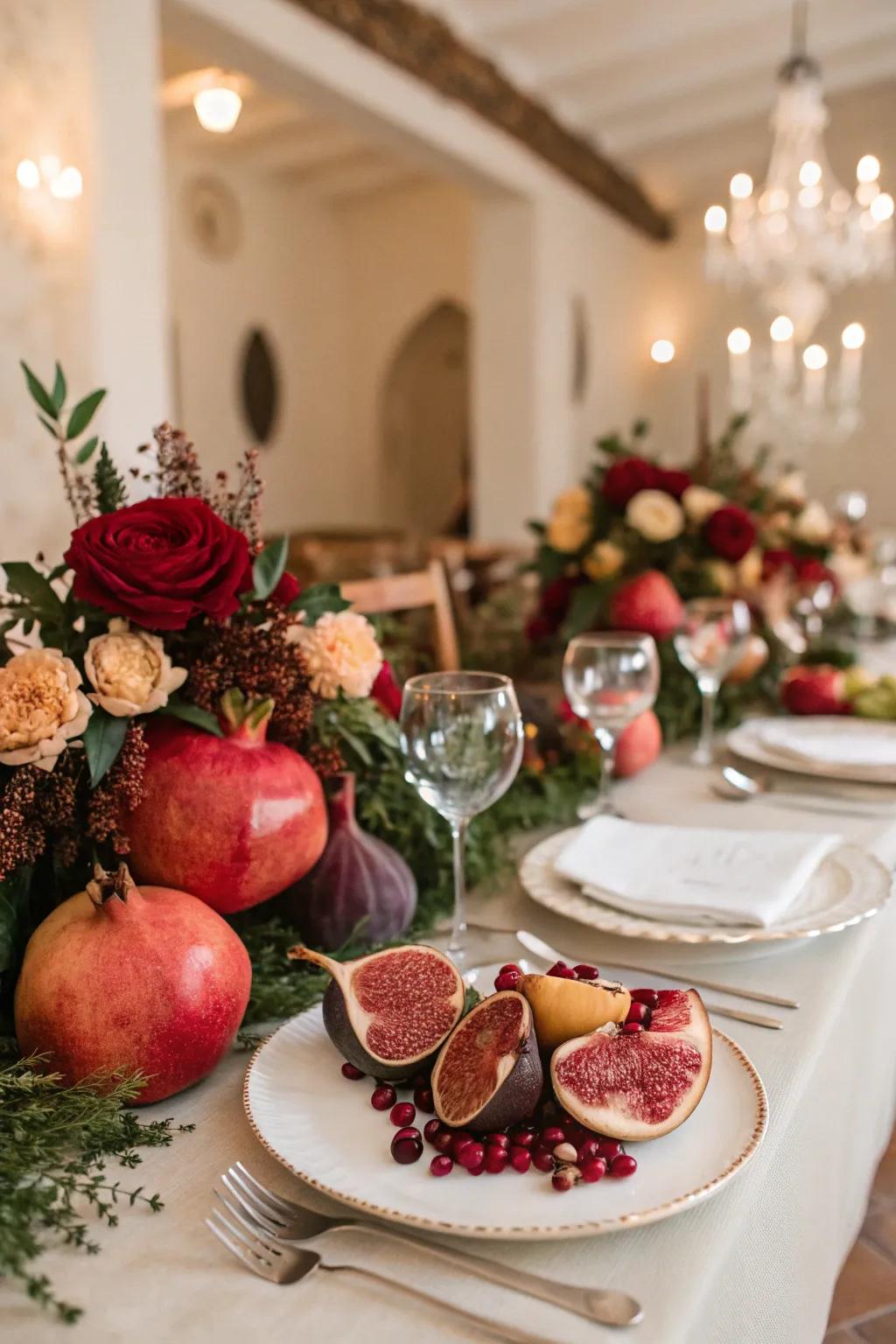 Season's produce contribute tint and the outdoors to the arrangement.