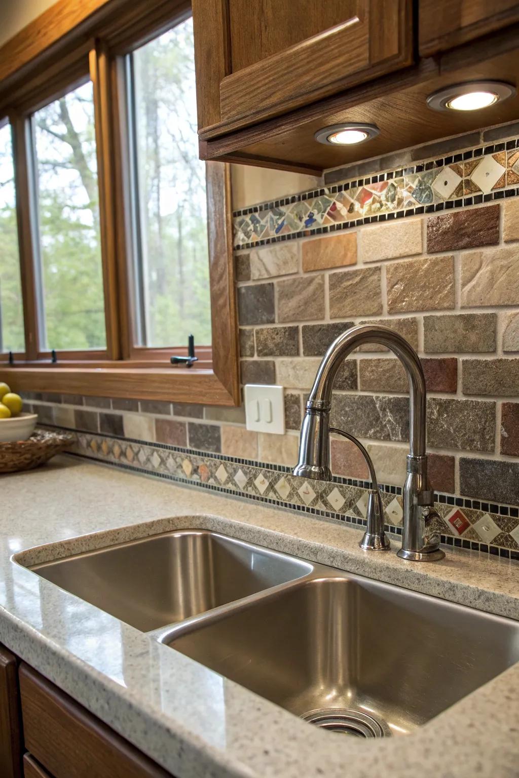 Varied materials create an energetic and textured cooking area backdrop.