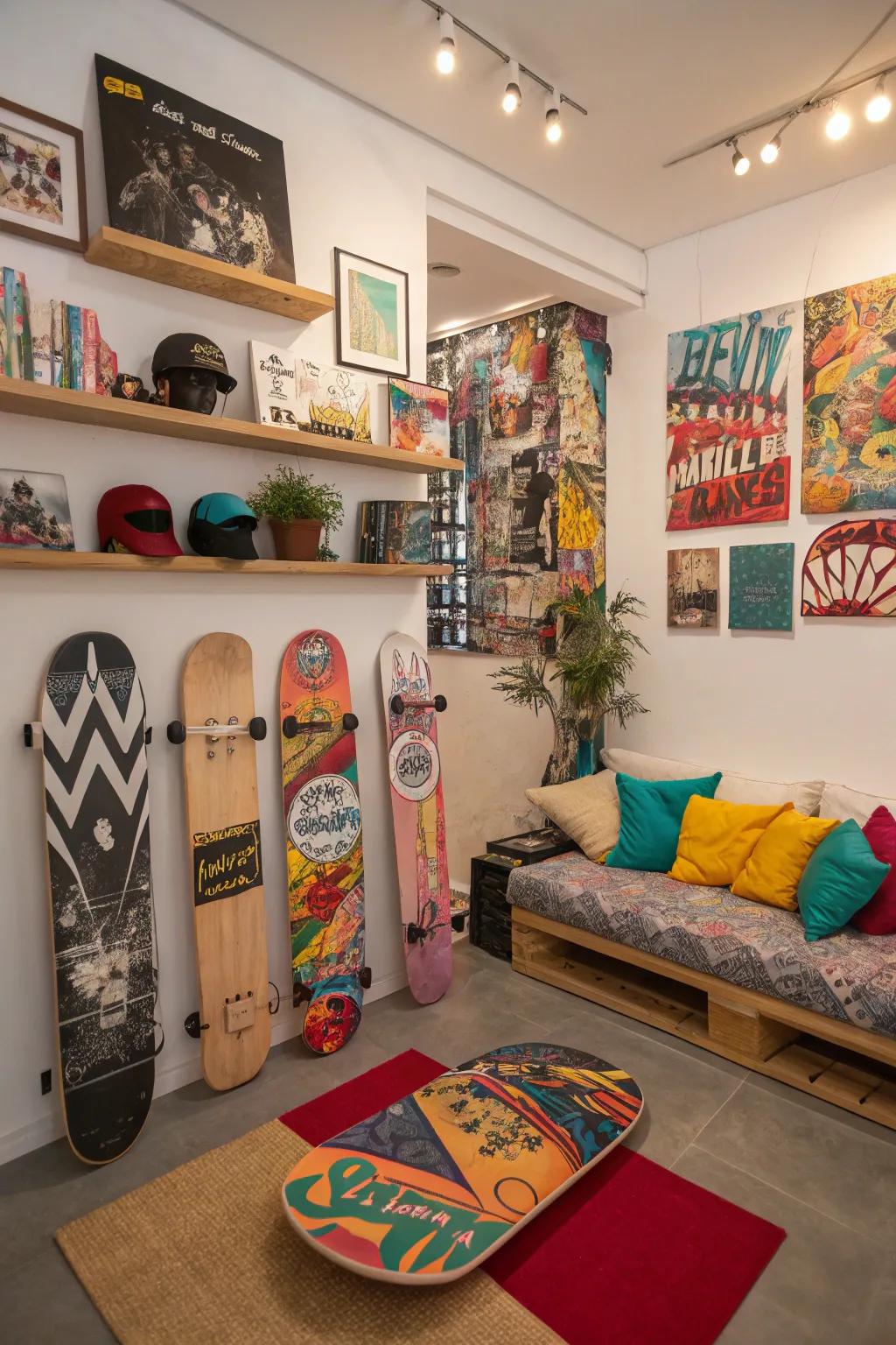 Tie your decor together with skateboard pieces.