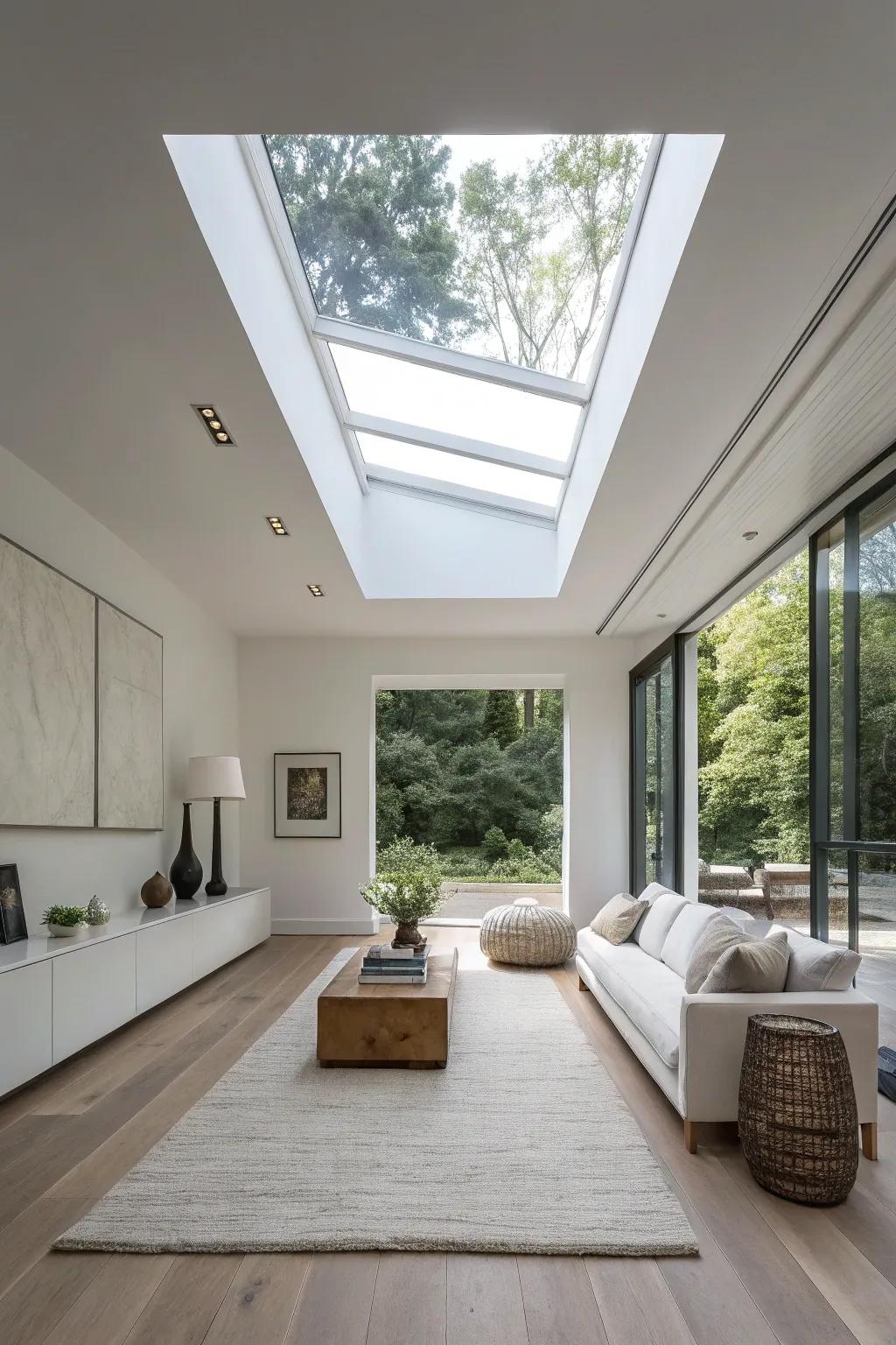 A minimalist room brightened by a sleek skylight.