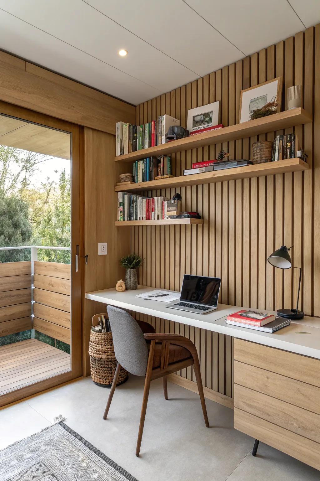 An office space featuring a wood-look plank wall complete with practical shelving.