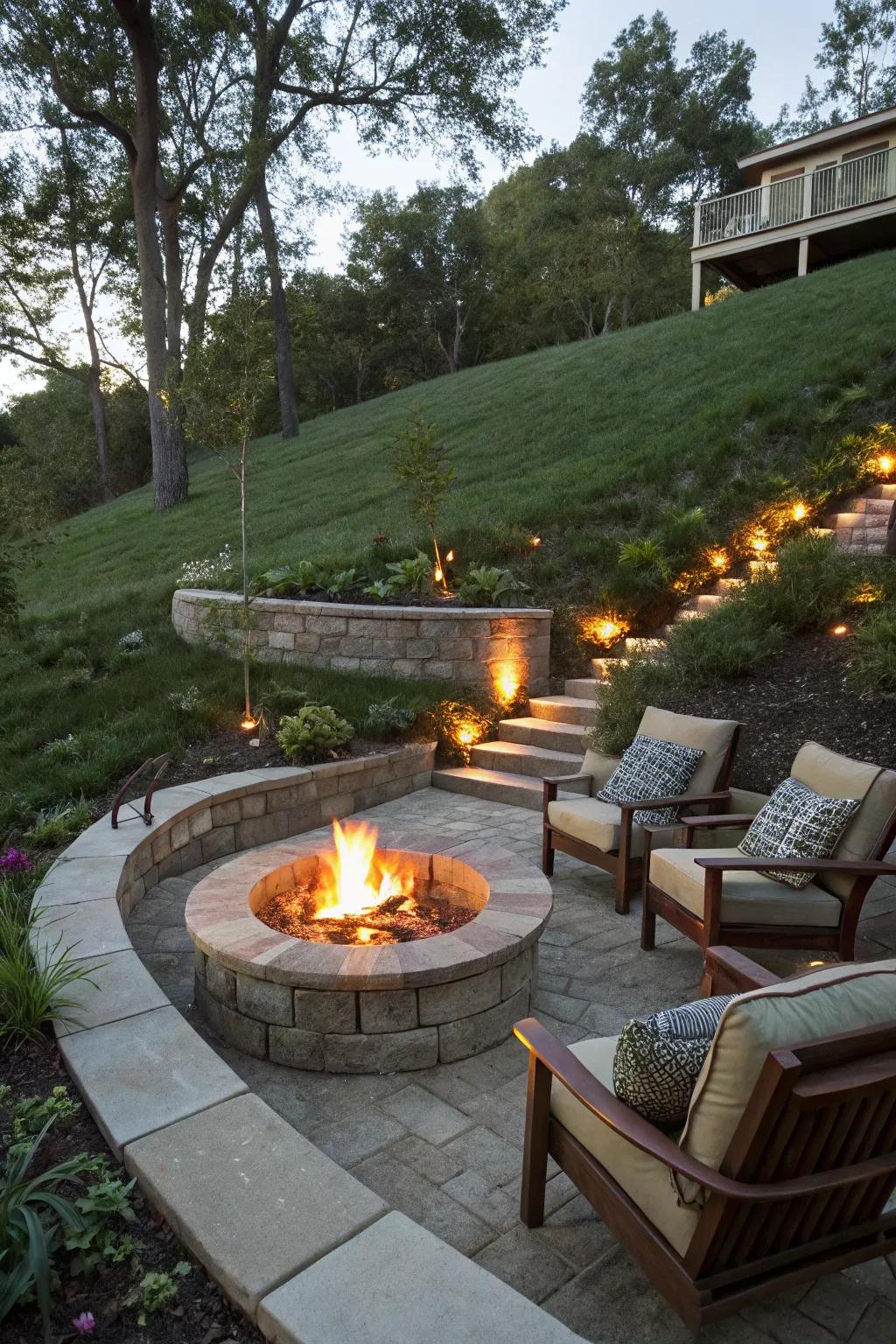 A snug bonfire sanctuary evolves into the focal point of this terraced garden.