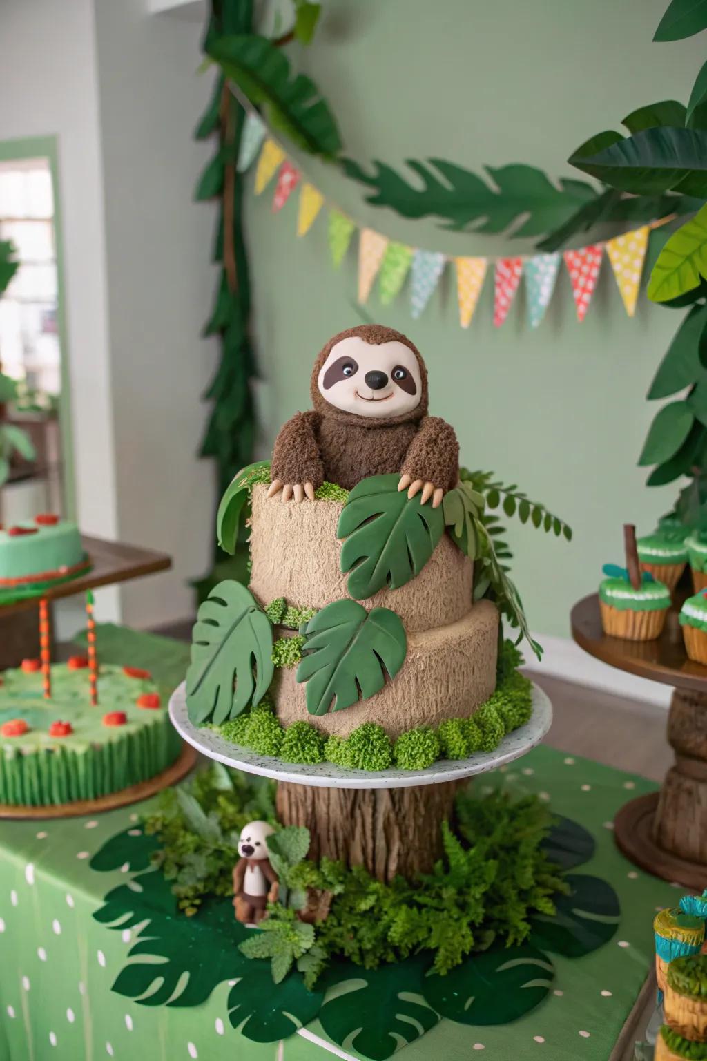 Forest props turn a sloth cake into an adventure.
