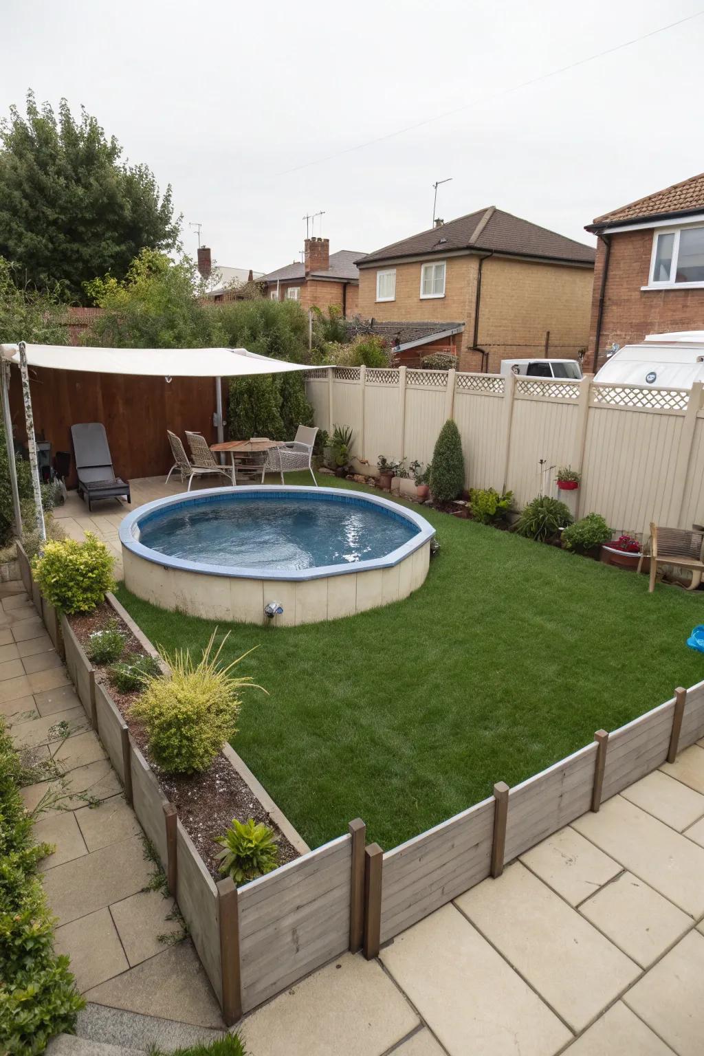 An intelligently crafted, compact above-ground pool area.