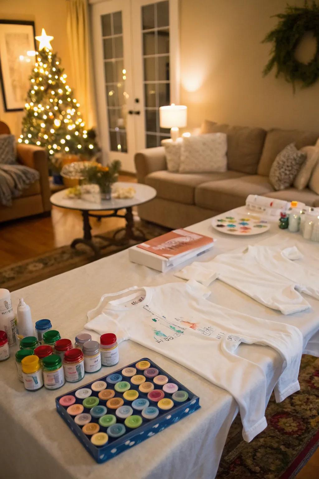 A creative station where guests can add their personal touch to baby onesies.