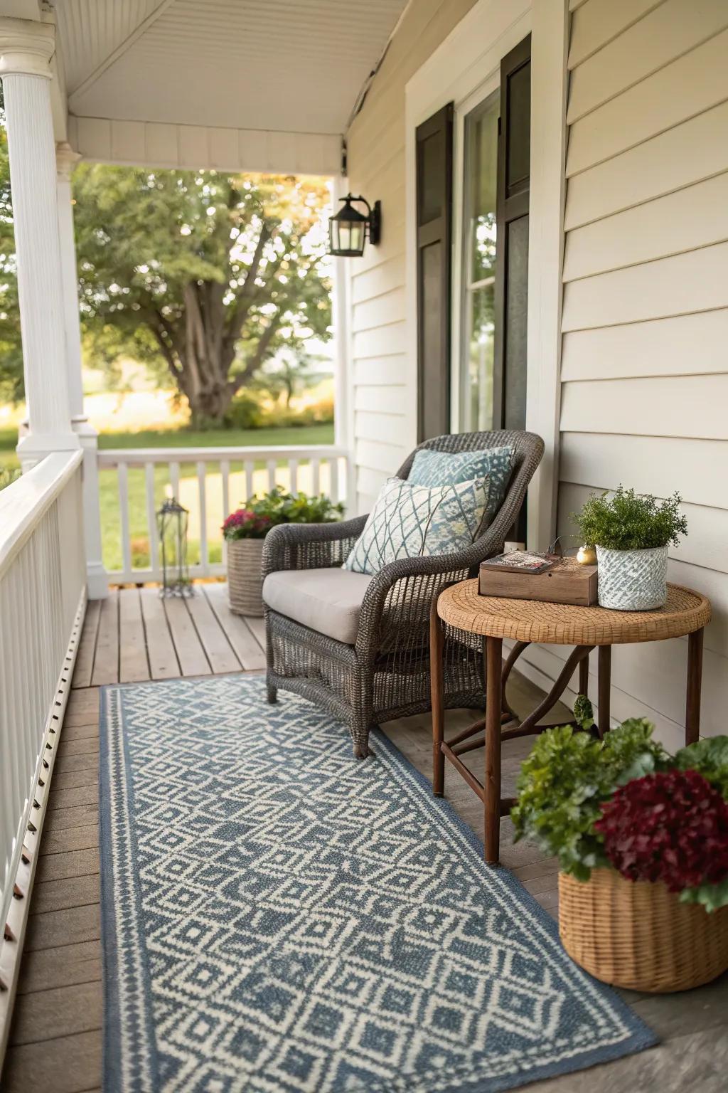 A decorative rug unites the cozy elements of a small porch.