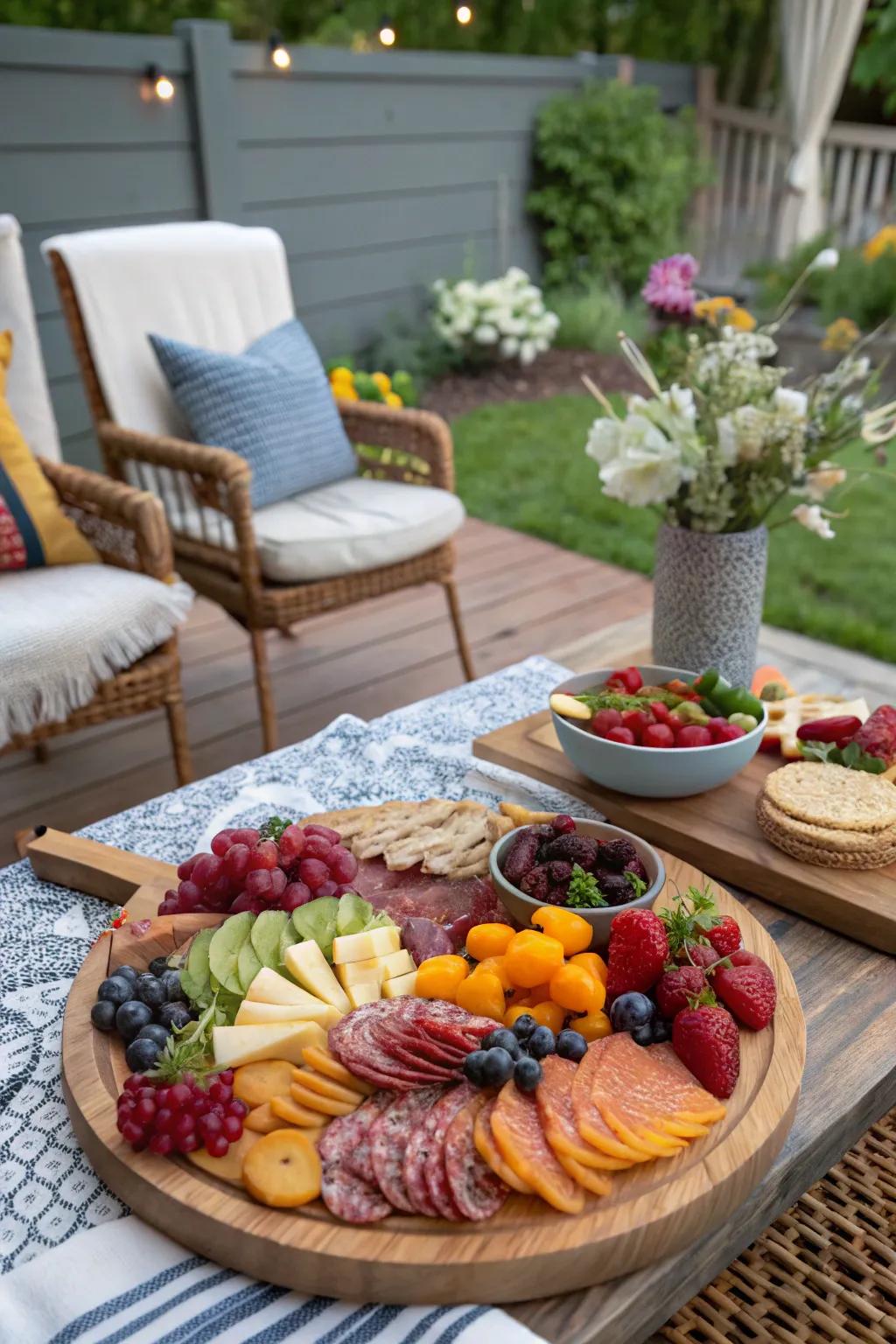A vibrant charcuterie arrangement featuring assorted snacks
