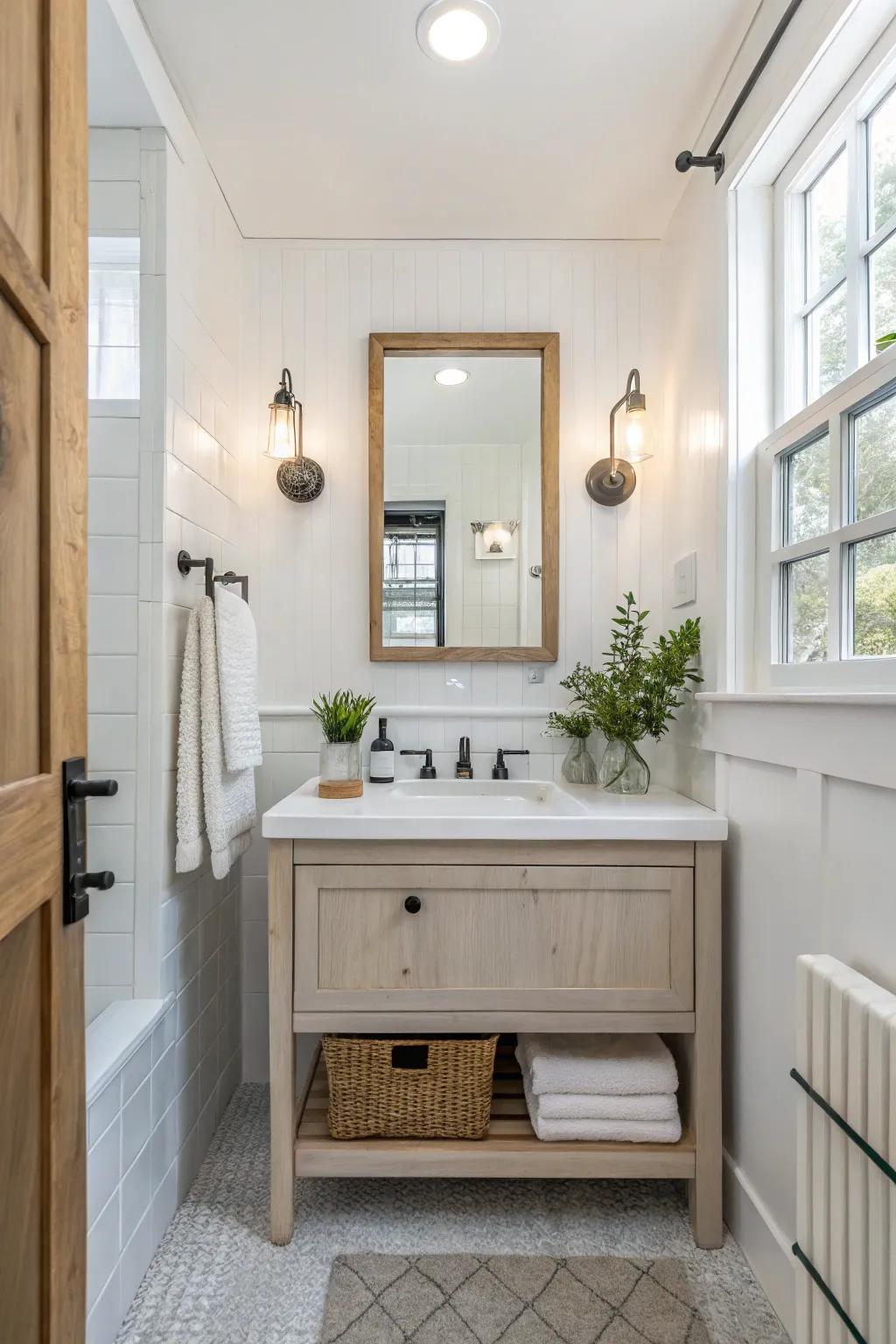 Light colors make a small bathroom feel more spacious.