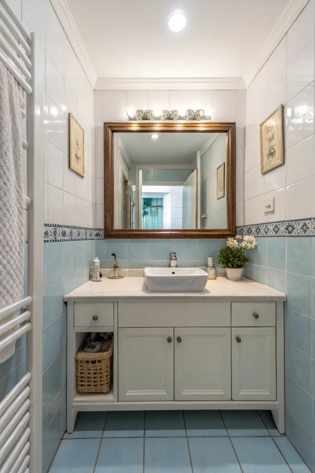 A strategically placed reflector that amplifies light and area in a compact bathroom.