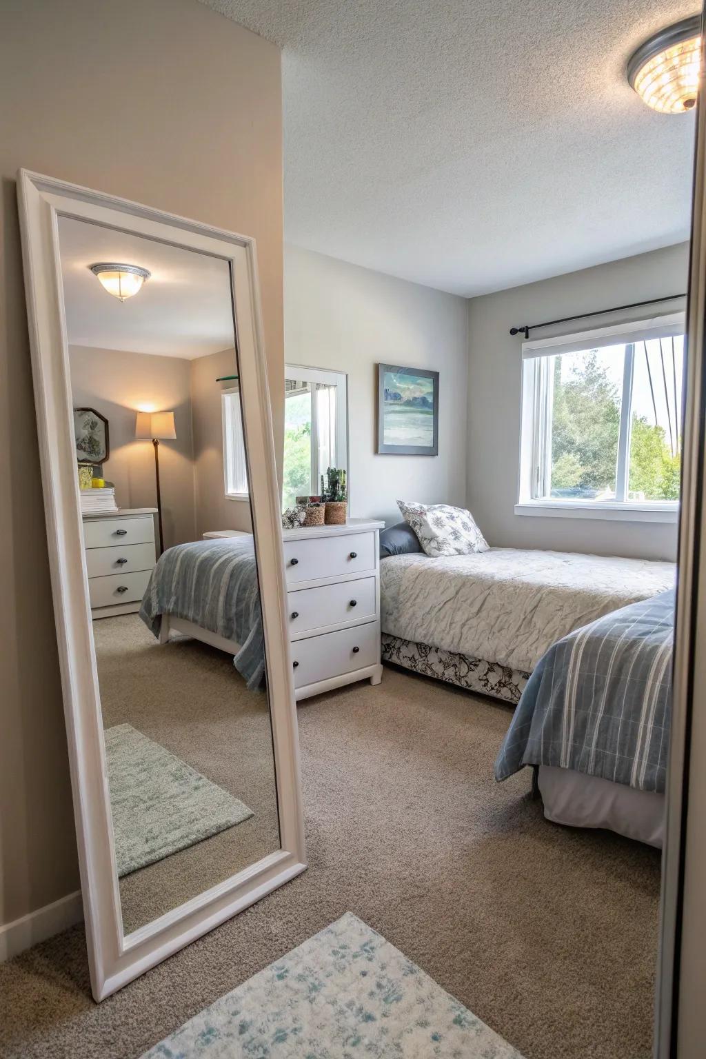 A compact bedroom using mirrors to give the impression of more room.