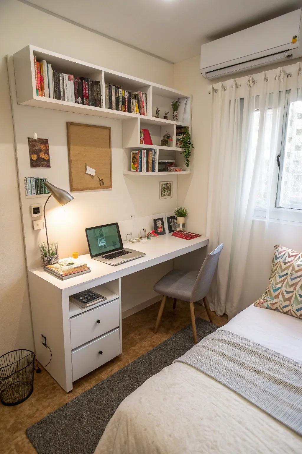 Wall-mounted desks save valuable floor space.