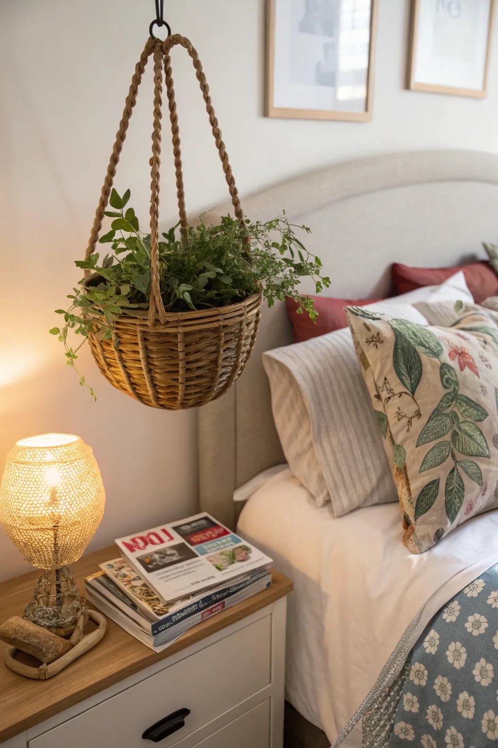 A hanging basket creatively saves space and stores bedside items.