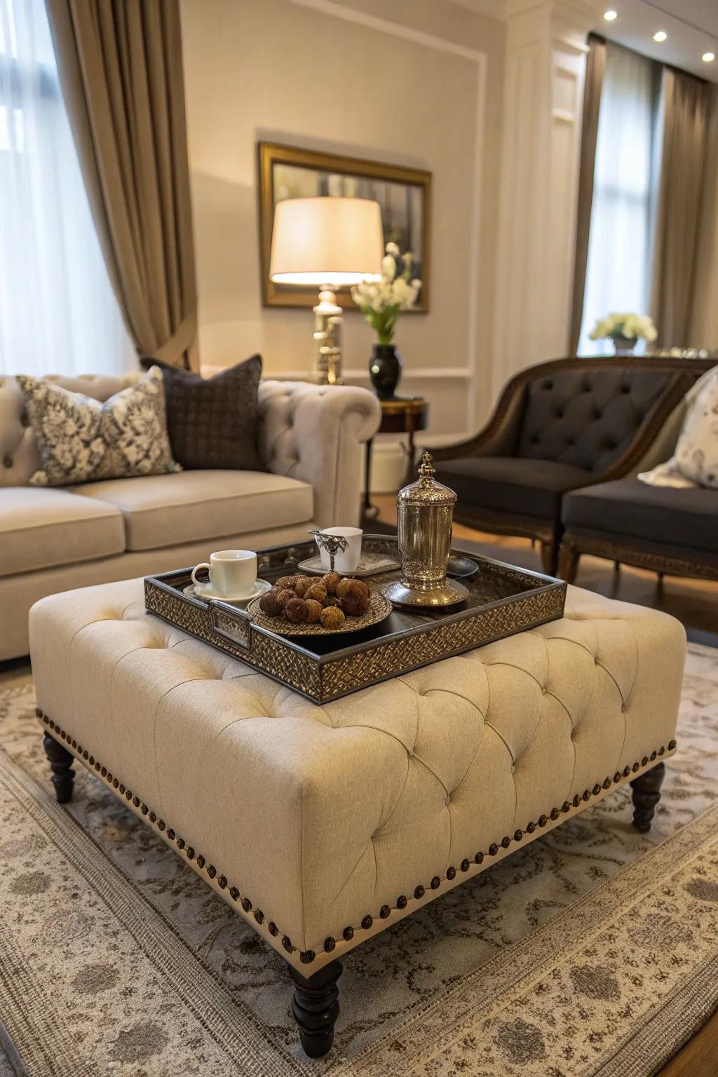 Ottomans paired with trays seamlessly blend comfort and functionality.