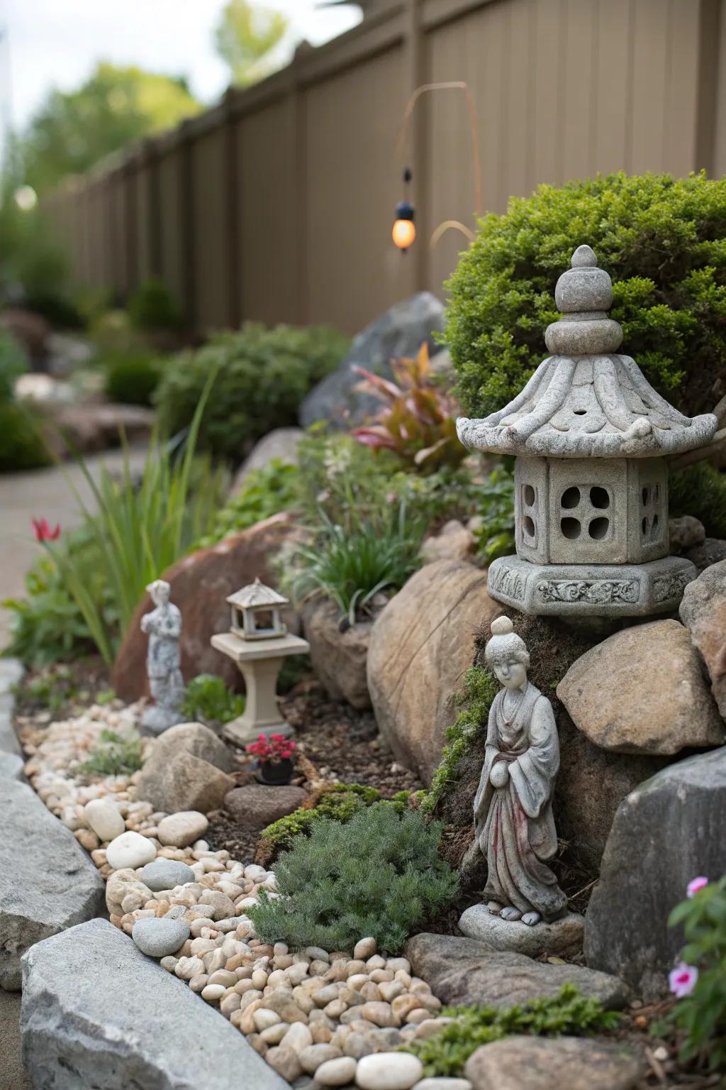 Garden figures give a tiny stone garden individuality.
