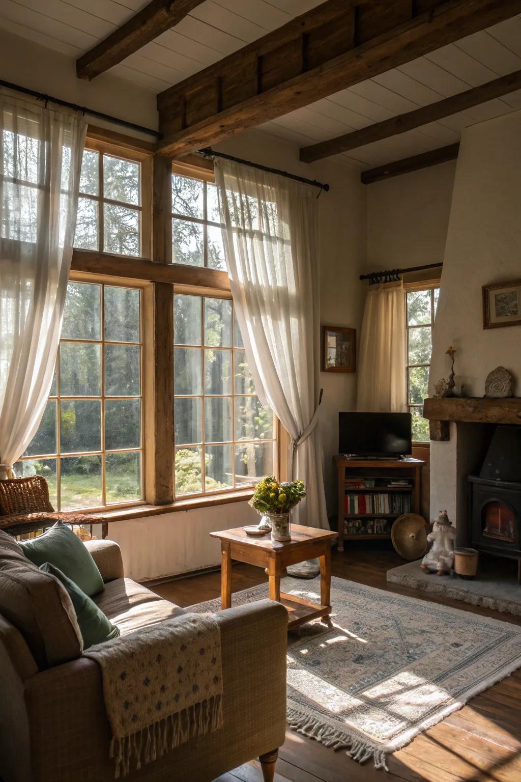 Daylight floods into this cottage living room, accentuating its area and ambiance.