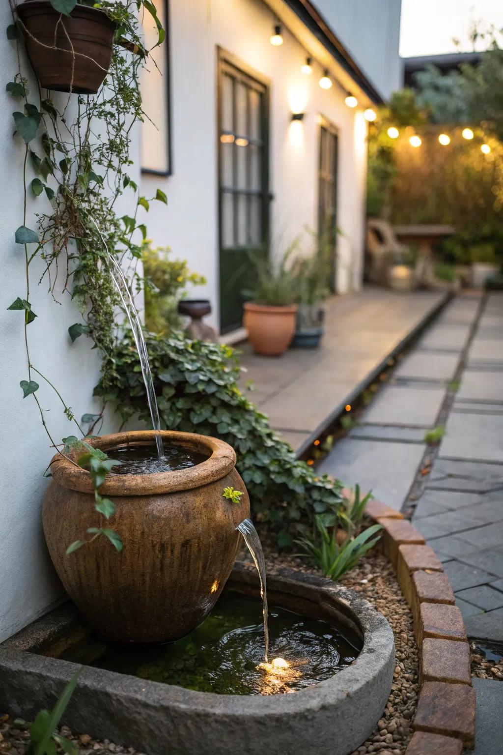 A simple water element adds tranquility to a courtyard.