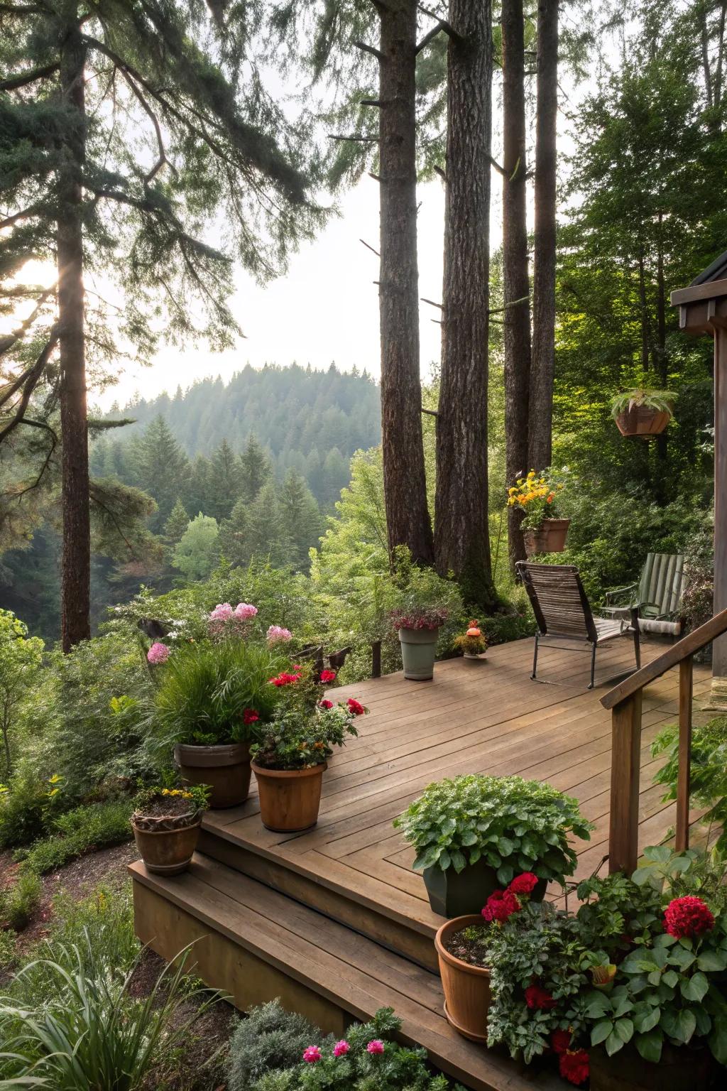 A small deck nestled in a lush garden.