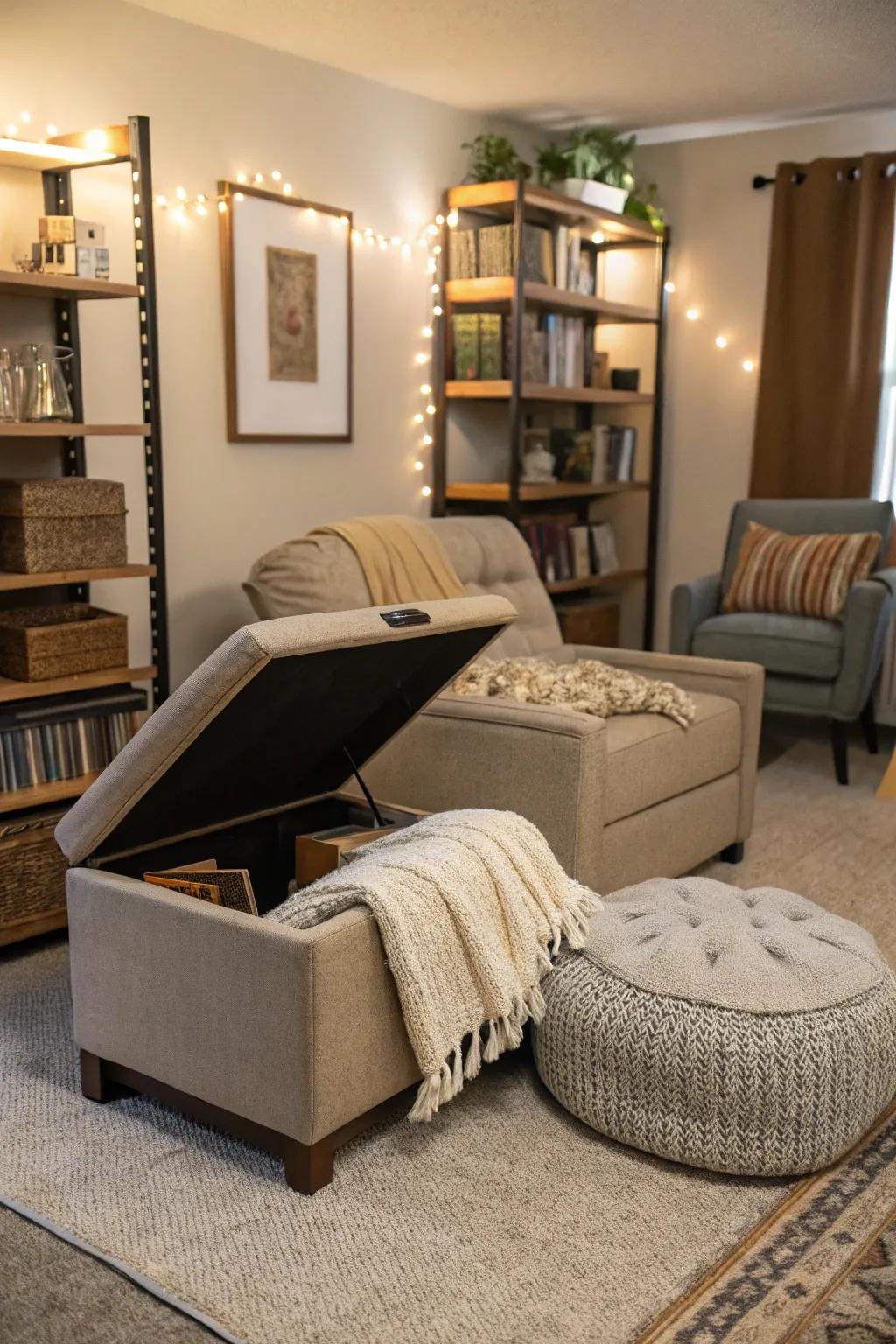 Furniture with multiple purposes optimizes space and practicality.