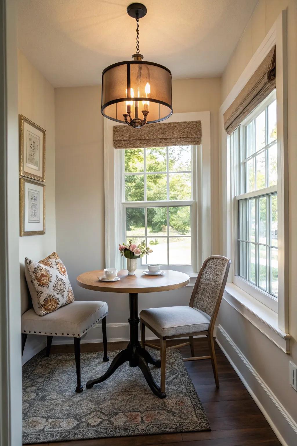 Space-efficient furniture complements the lighting, making it the highlight of the room.