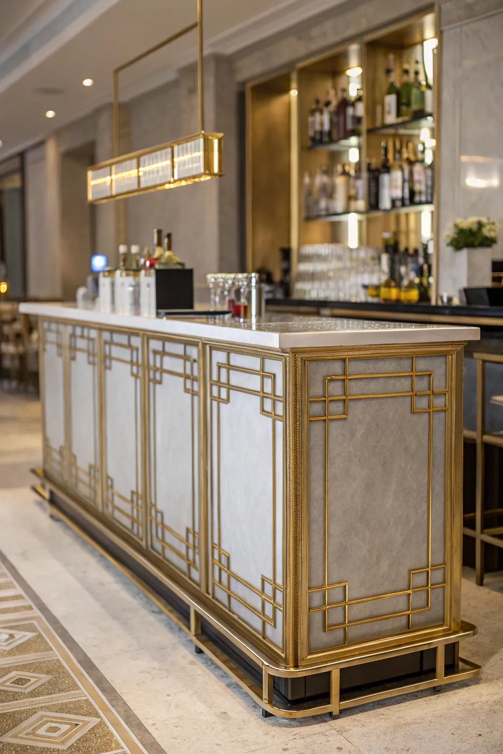 Metal details introduce glamour to a dry bar.