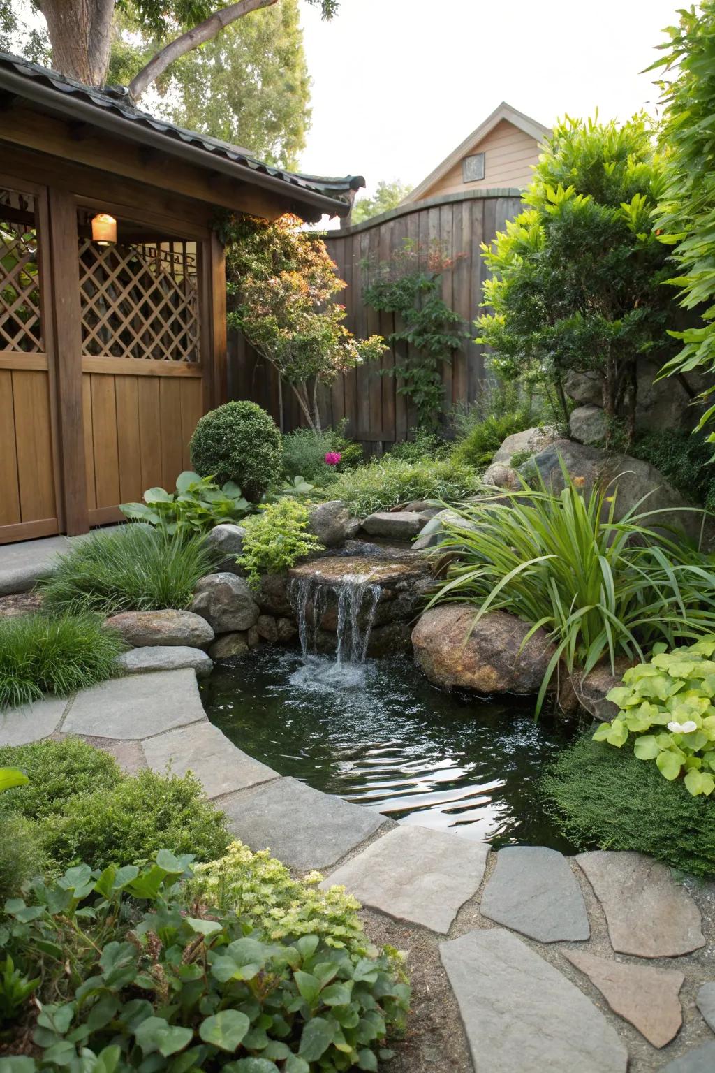 A serene aquatic element encircled by luxurious greenery.
