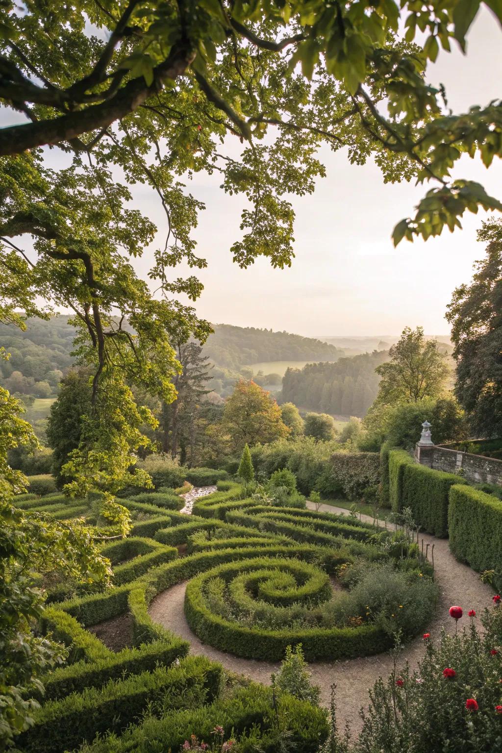 A garden maze beautifully integrated with the natural setting.