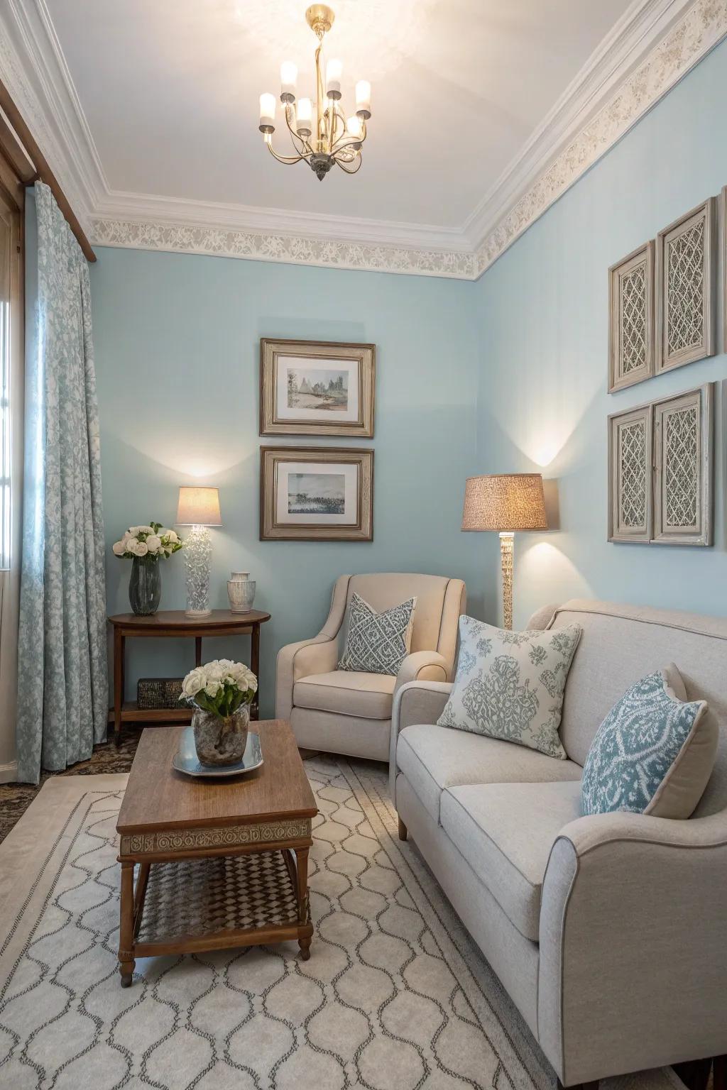 A small living room using soft blue walls that promote tranquility.