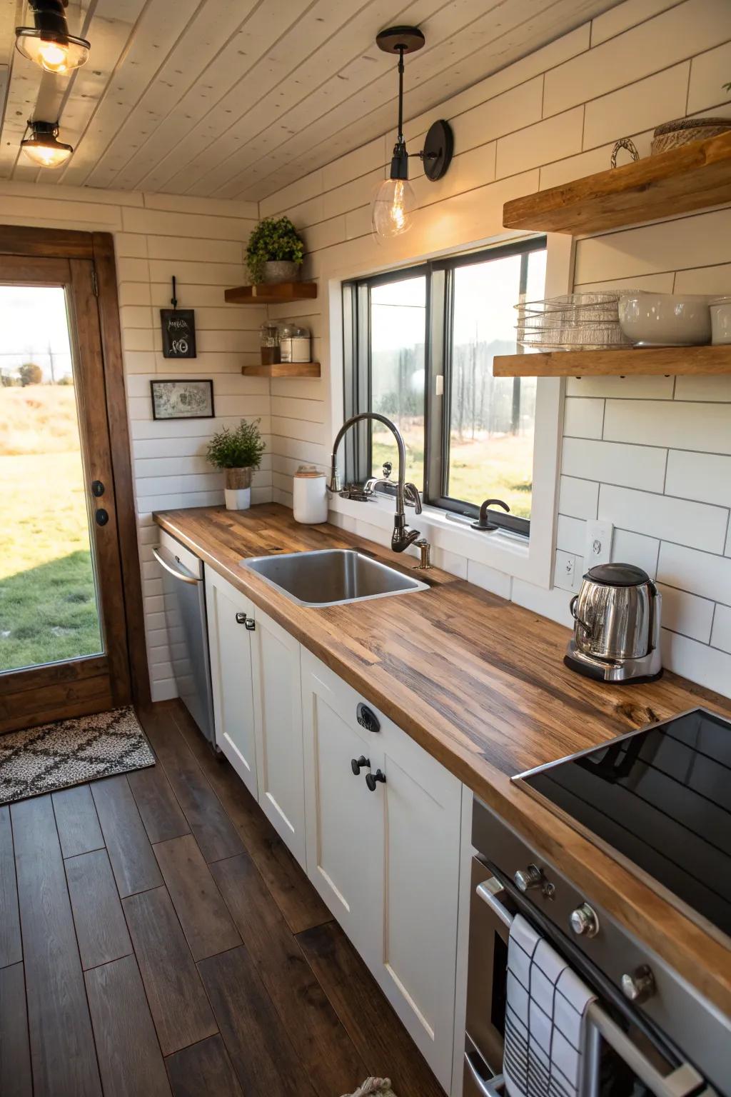 Blending materials infuses visual intrigue in small kitchens.