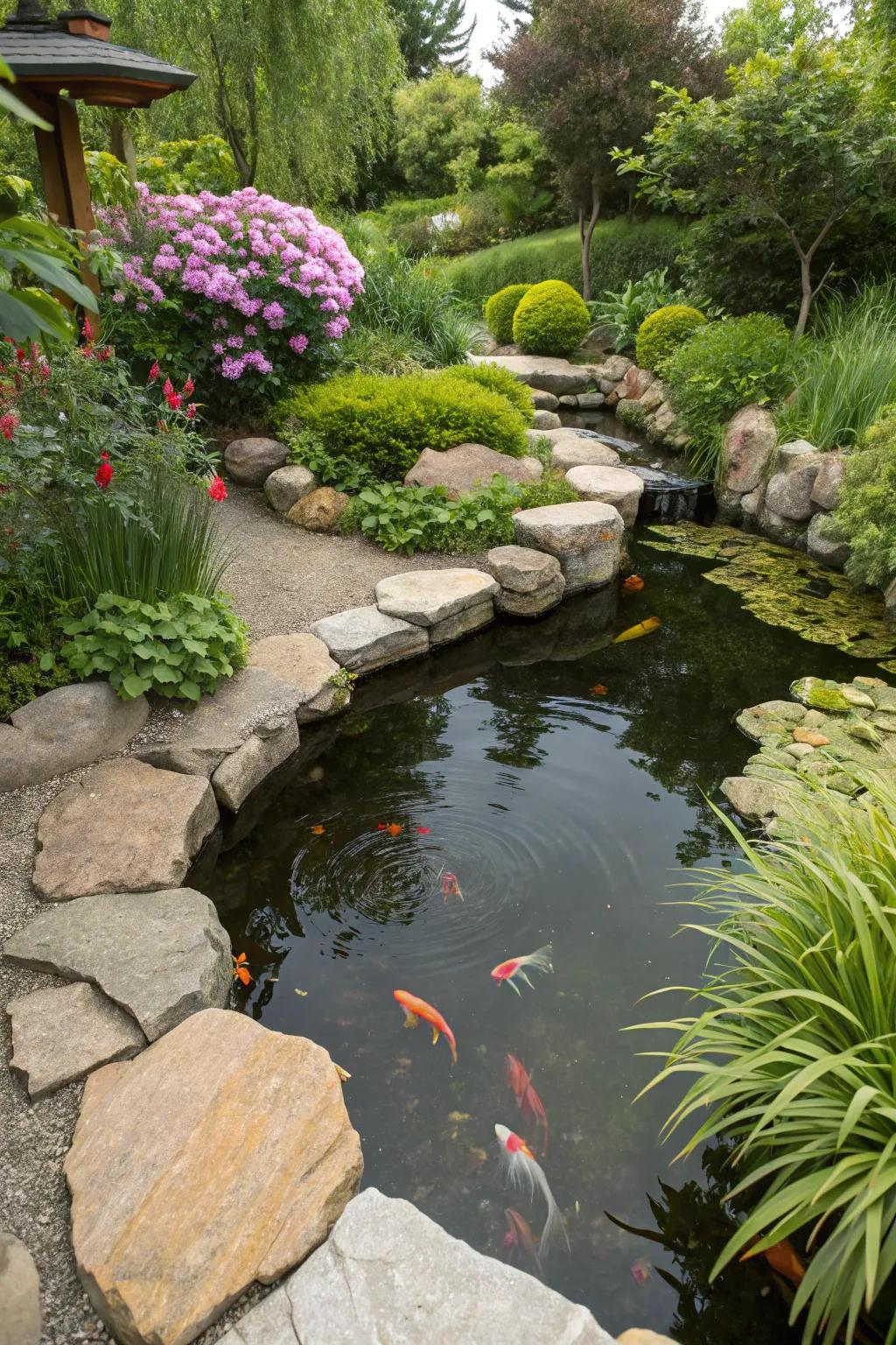 A small koi haven seamlessly integrated with natural stone borders.