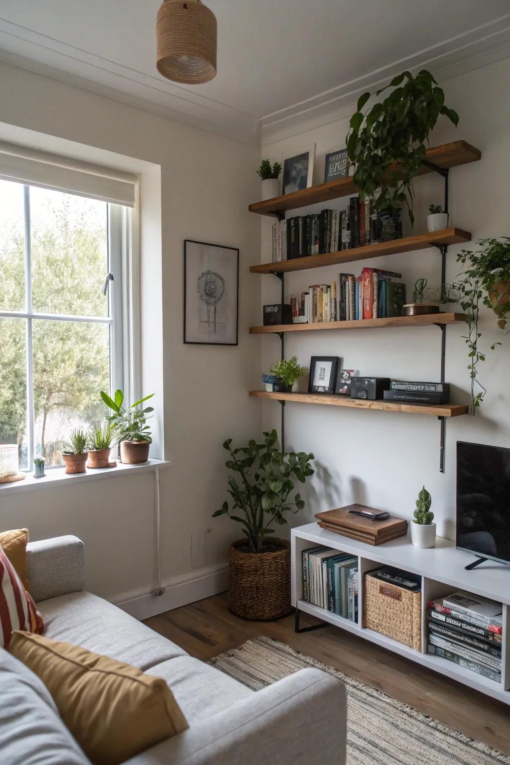 Wall-mounted shelving keeps your decorations stylishly organized.