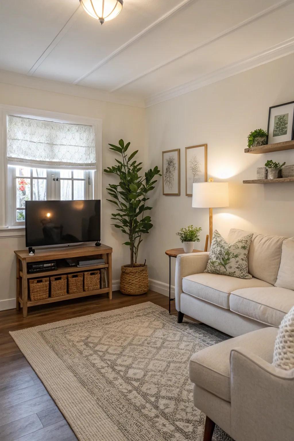 Restrained decor maintains the area open and airy.