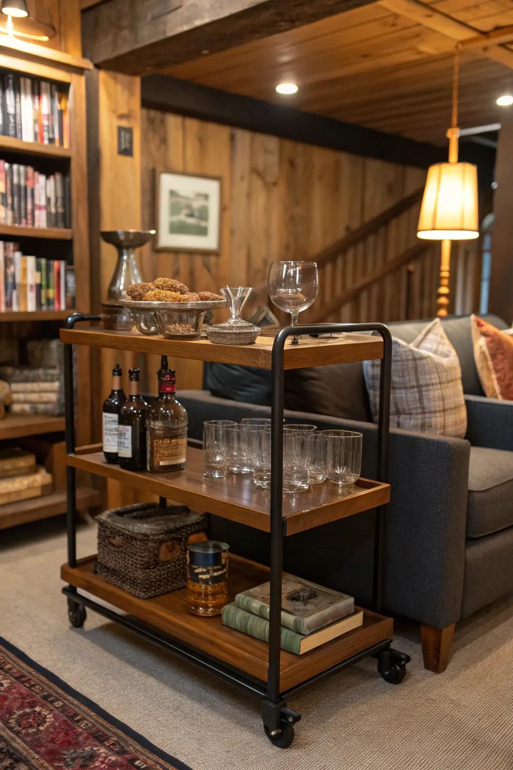 A bar cart fits stylishly into a corner, adding a touch of class.