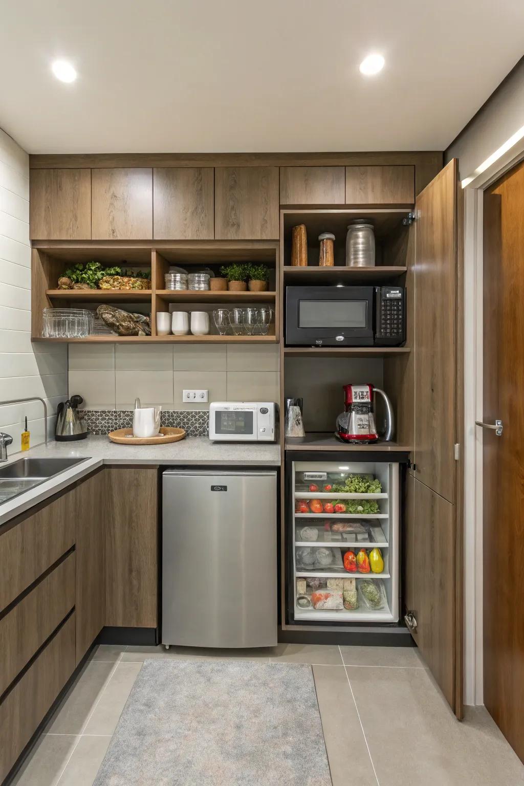 A well-designed kitchenette maximizes efficiency.