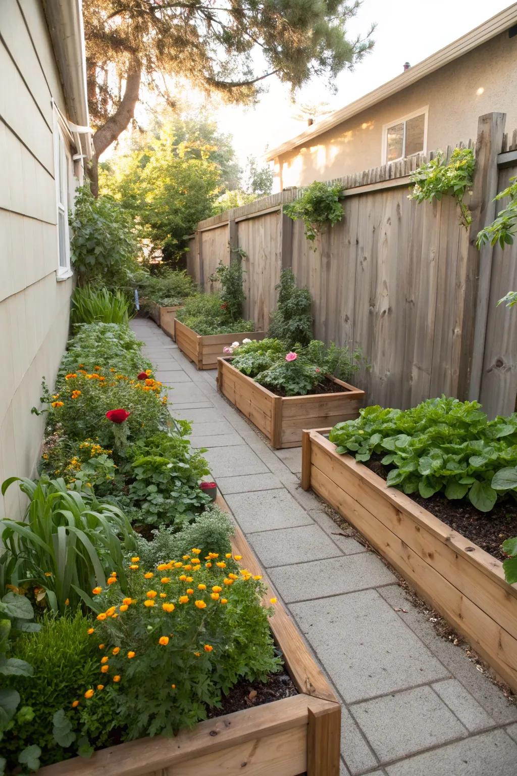 Raised beds create a lush garden sanctuary in narrow side yards.
