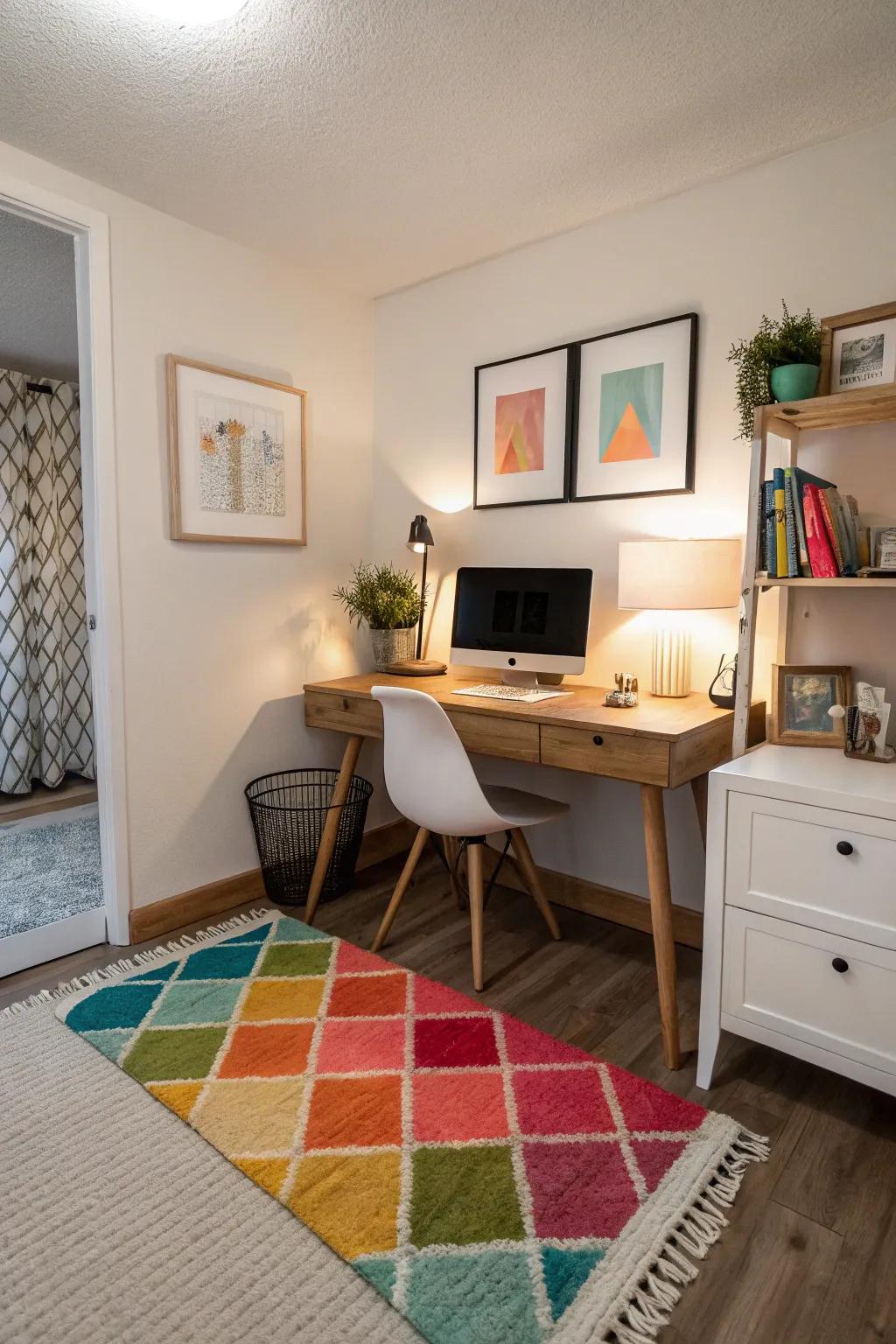 Accent rugs provide warmth and define the workspace.