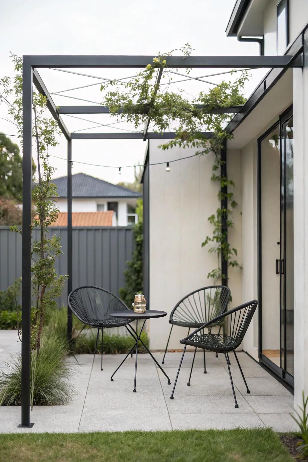 A minimalist metal pergola gives a small patio a modern elegance.