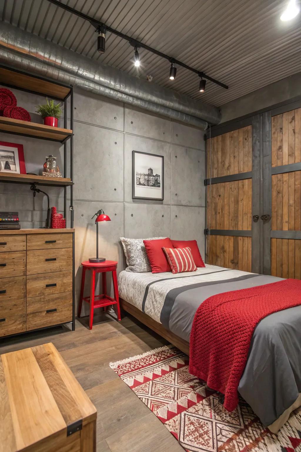 An intimate bedroom with a blend of timber and metal feels complementing the crimson and ash-grey color palette.