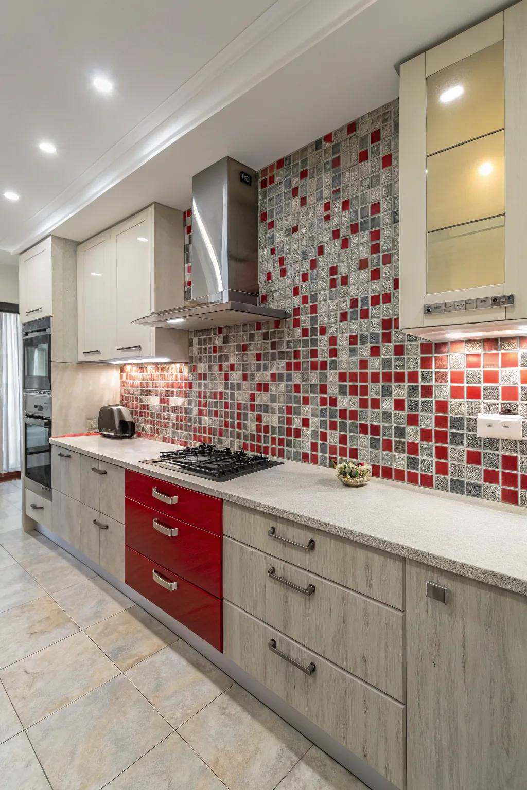 Artistic red and grey tile patterns add a unique touch.