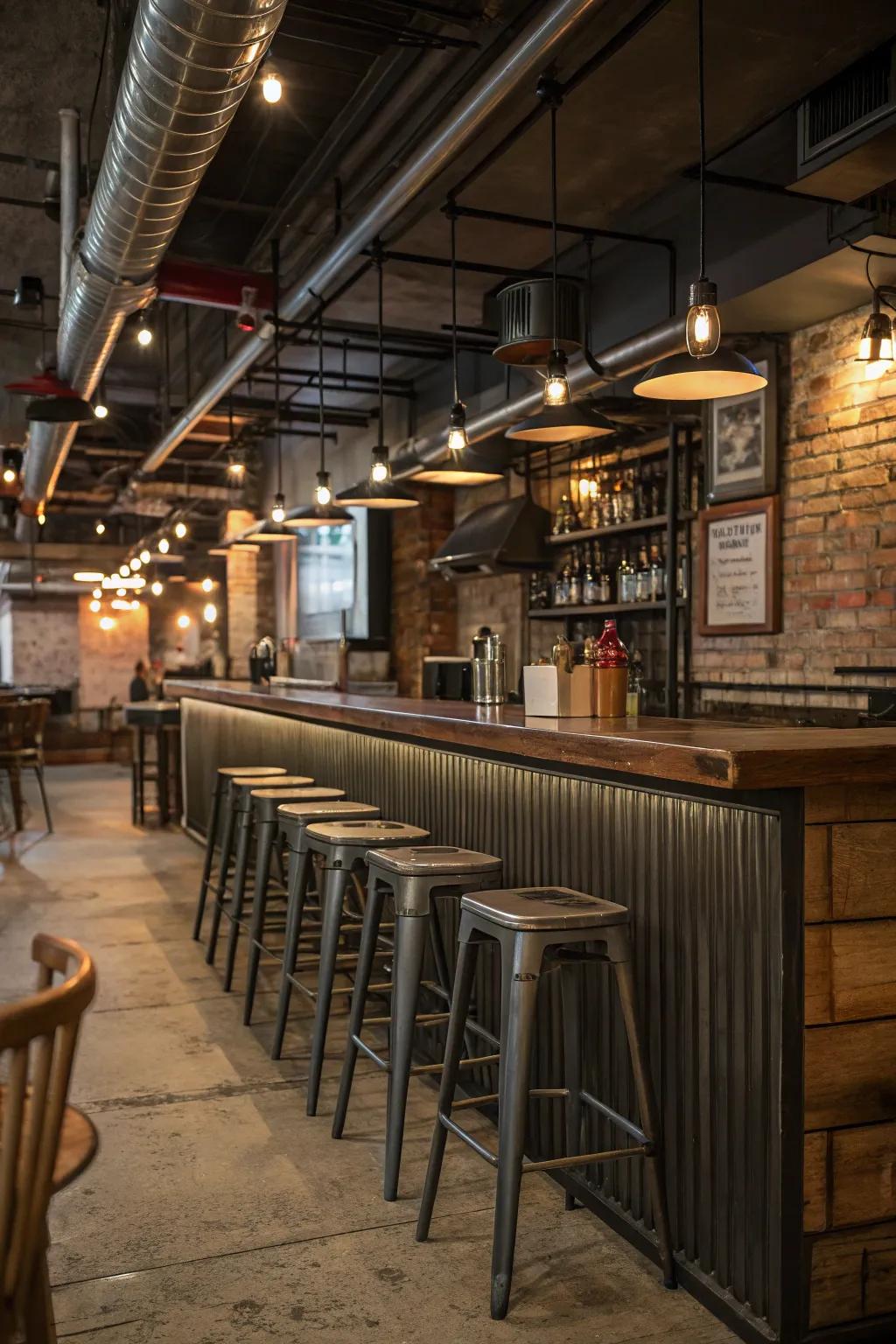 Industrial aspects impart a fashionable edge to a small restaurant bar.