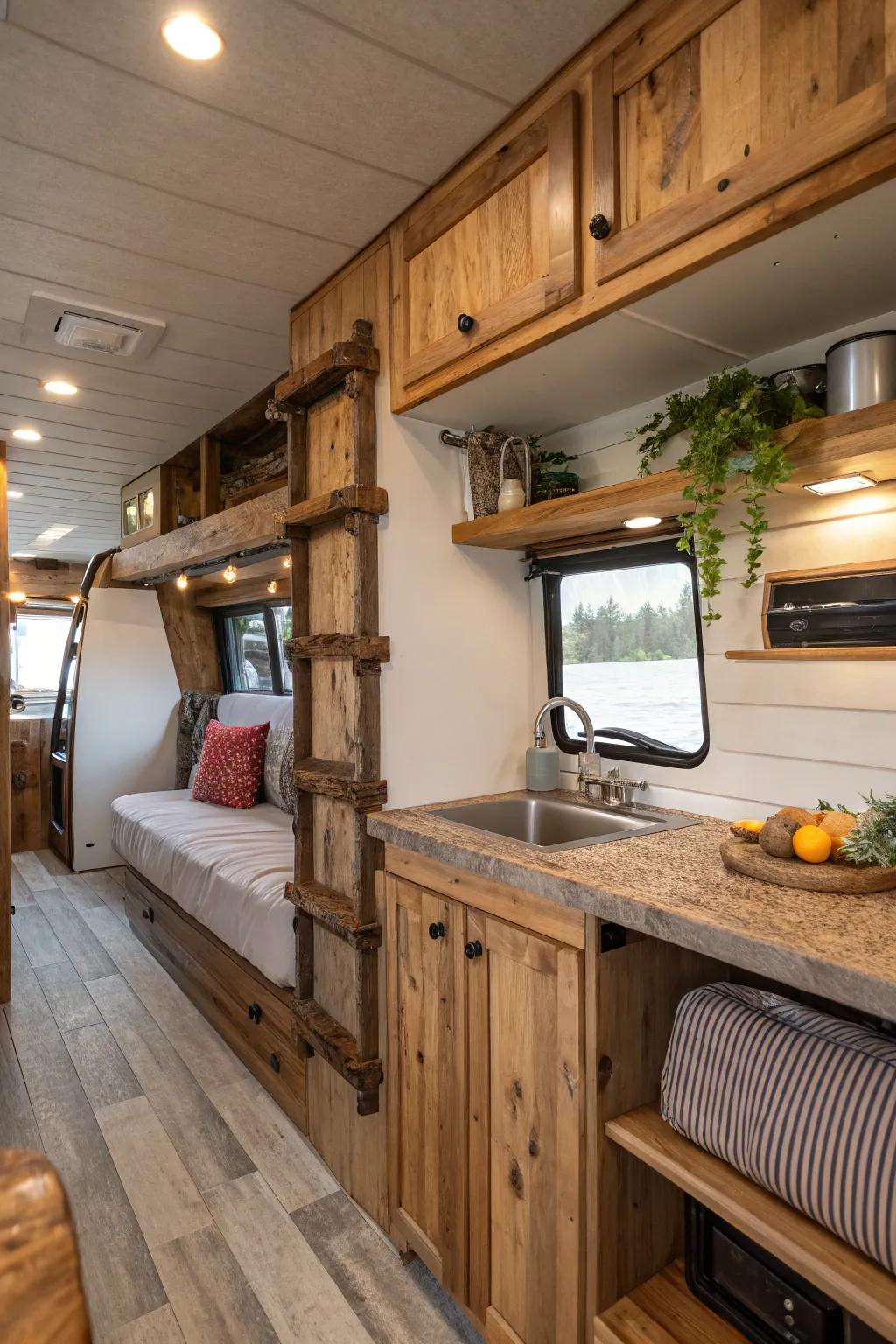 Natural elements, like wood, introduce warmth and character to your RV.