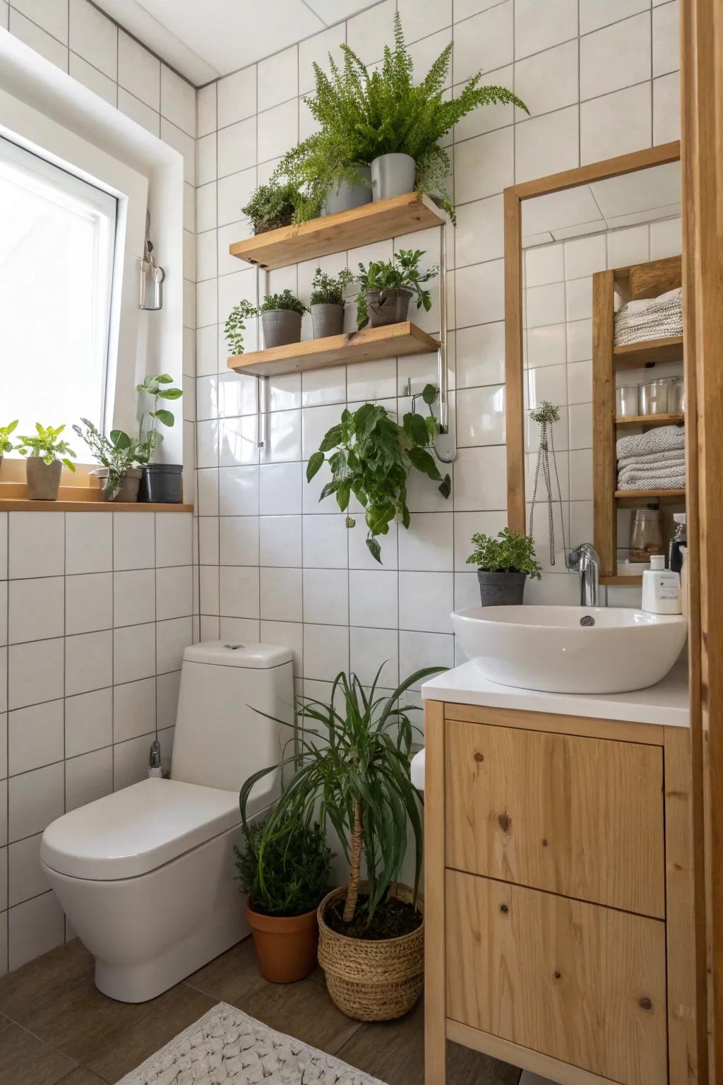Plants infuse a small bathroom with freshness and vitality.