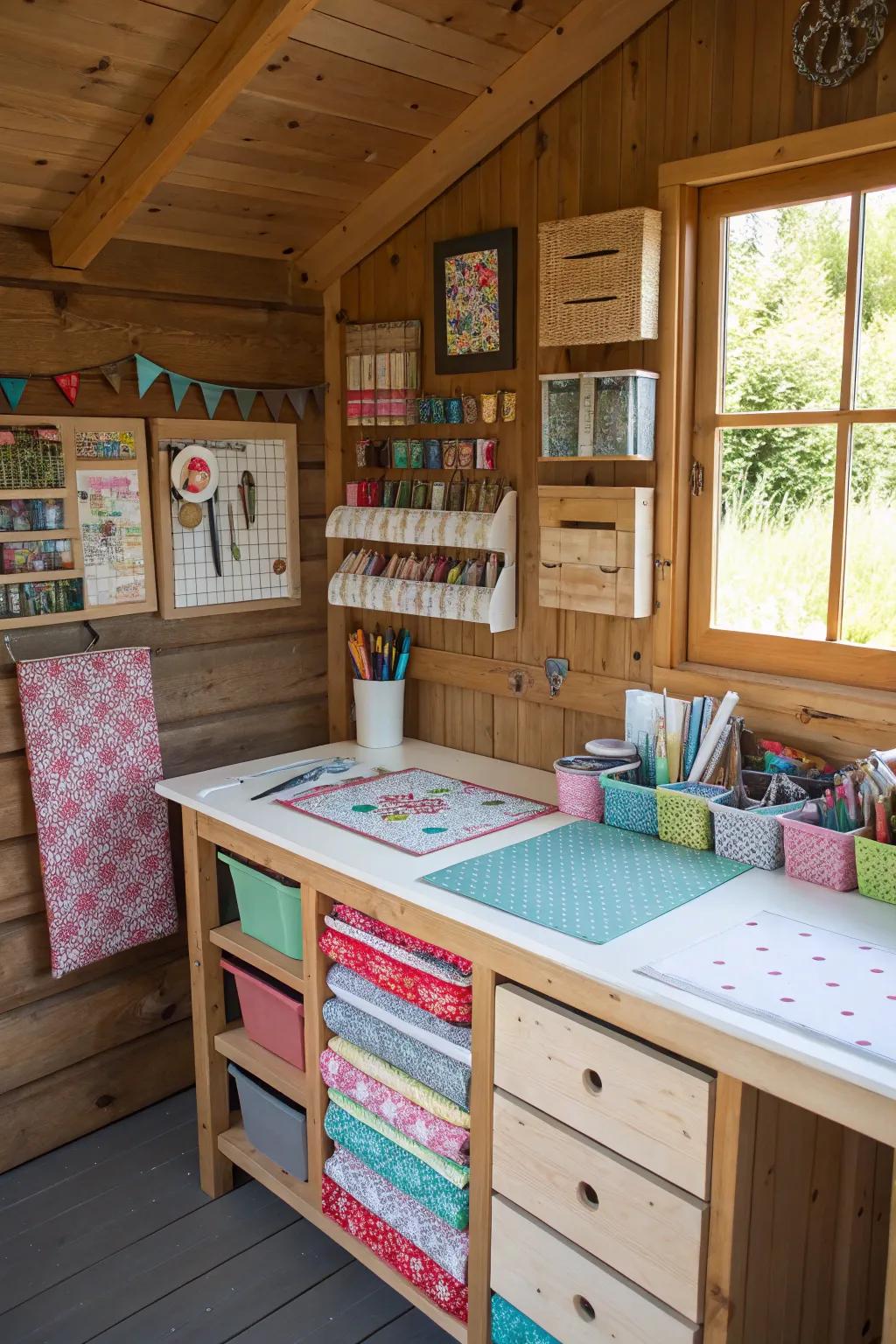 A well-arranged handcrafting corner inside a small shed.